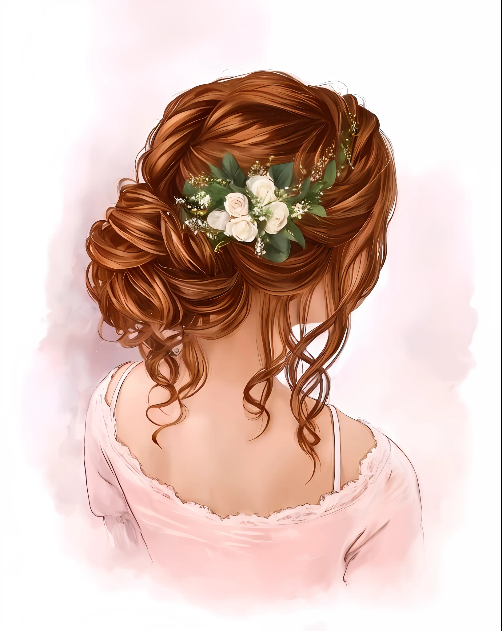 um close up de uma mulher com uma flor no cabelo, Estilo de desenho bonito, flor em seu cabelo, estilo de arte impressionante, pintura de bonito, Floeers no cabelo, estilo muito bonito, pintura realista da menina bonito, penteados femininos tradicionais, estilo de desenho tradicional, rosas no cabelo, flor no cabelo, penteado, estilo de desenho, cabelo bonito, girl with messy bun hairstyle