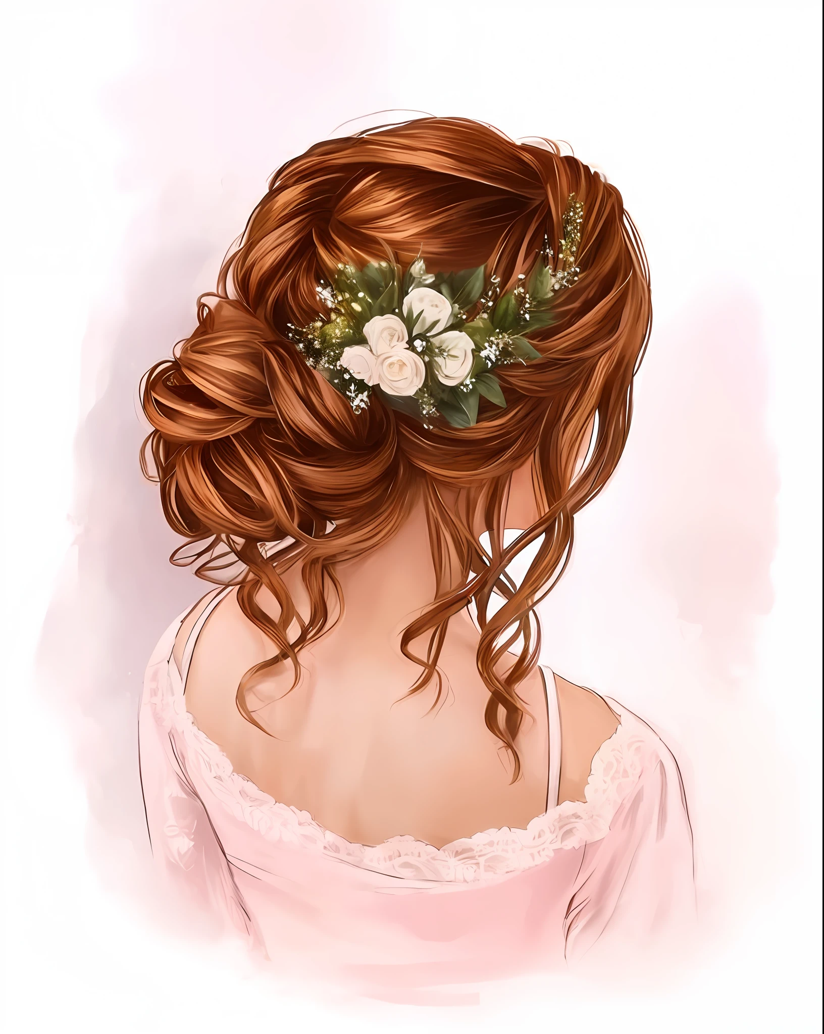 um close up de uma mulher com uma flor no cabelo, Estilo de desenho bonito, flor em seu cabelo, estilo de arte impressionante, pintura de bonito, Floeers no cabelo, estilo muito bonito, pintura realista da menina bonito, penteados femininos tradicionais, estilo de desenho tradicional, rosas no cabelo, flor no cabelo, penteado, estilo de desenho, cabelo bonito, girl with messy bun hairstyle
