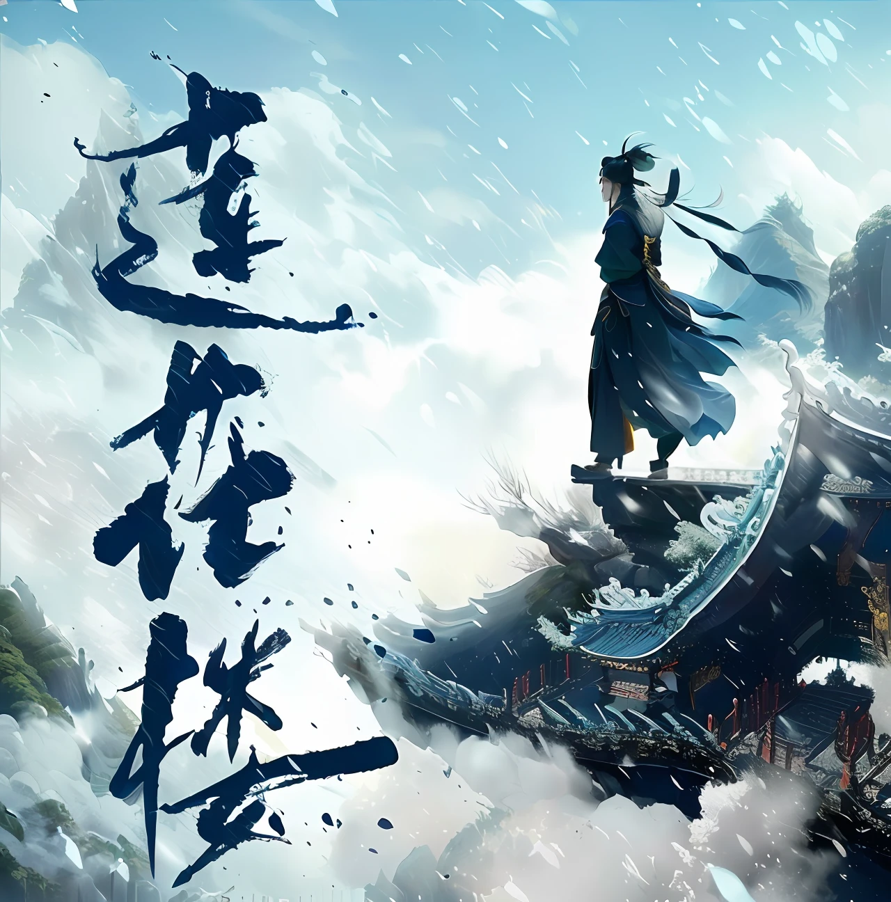 Kanji fly over the bridge, Wuxia, inspired by Wu Daozi, inspired by Fu Baoshi, xianxia hero, inspired by Zhang Wo, Inspired by Cao Zhibai, Inspired by Seki Dosheng, xianxia fantasy, Inspired by Hu Zaobin, full-body wuxia, inspired by Li Gonglin