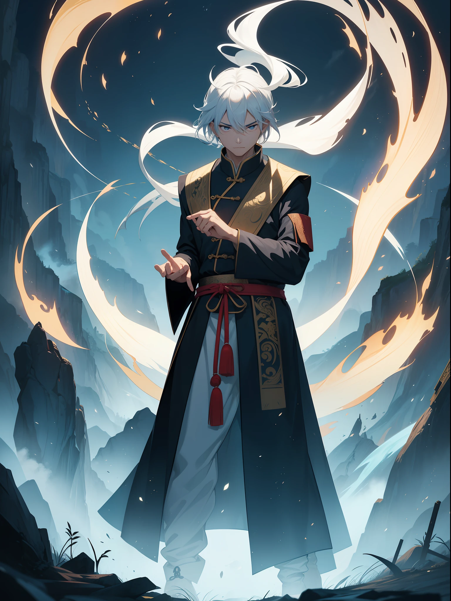 Complete storytelling, Full face, A Taoist priest who stands straight, Two fingers hold a piece of yellow paper，Draw Old Chinese words in the air, Form a spell, These words slowly dissipated in the air, A puff of white smoke is formed, It turned into a tall golden martial arts divine shadow, Appeared behind the Taoist priest, Who has his back to the shadow of the entire sky overhead，Who dominated him, Angry, Overall cool tones, White, Blue, Create chiaroscuro, Traditional Chinese style, Ethnic feng ink painting, in wonderland, Graphical nature, Bian light highlights Taoist priests, Full-body image, long perspective, First-person perspective, high resolution, Virtual Engine,  Realism, High detail, 8K
