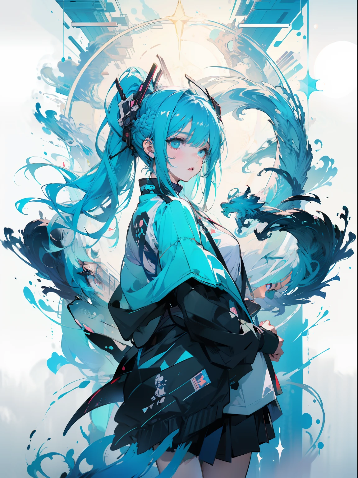 Blue-haired side ponytail，Design clothing，Seven-doppelganger shot，Anime style 4K，Anime girl with teal hair，trending on artstation pixiv，cyberpunk anime girl，Lovely Huaifu in beautiful clothes，Anime moe art style，High quality anime art style，Piece animation style。8K animated art wall，HD close-up。