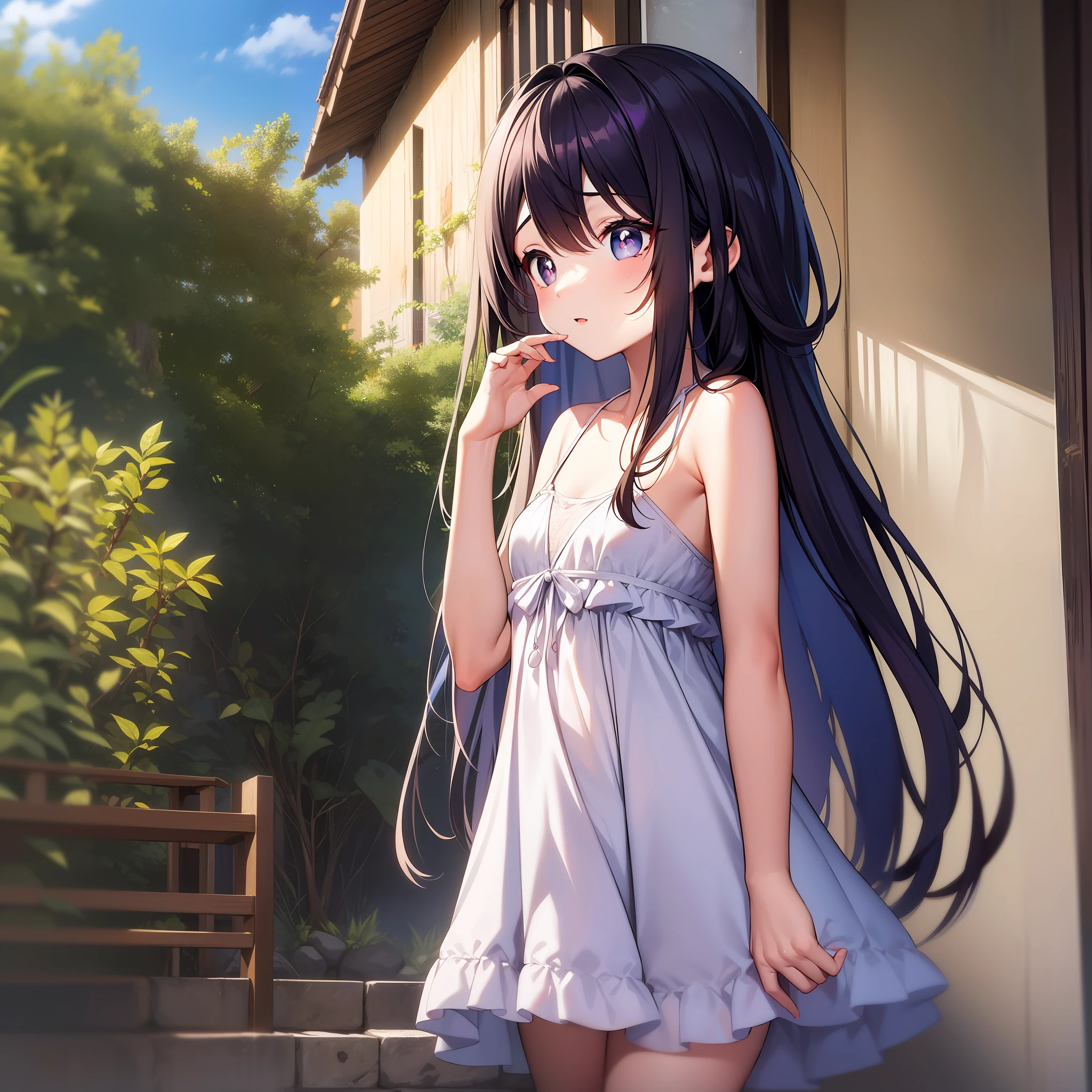 1人,chiquita,cabelos preto e longos,Purple pupils,White dress,adolable,adorable expression。