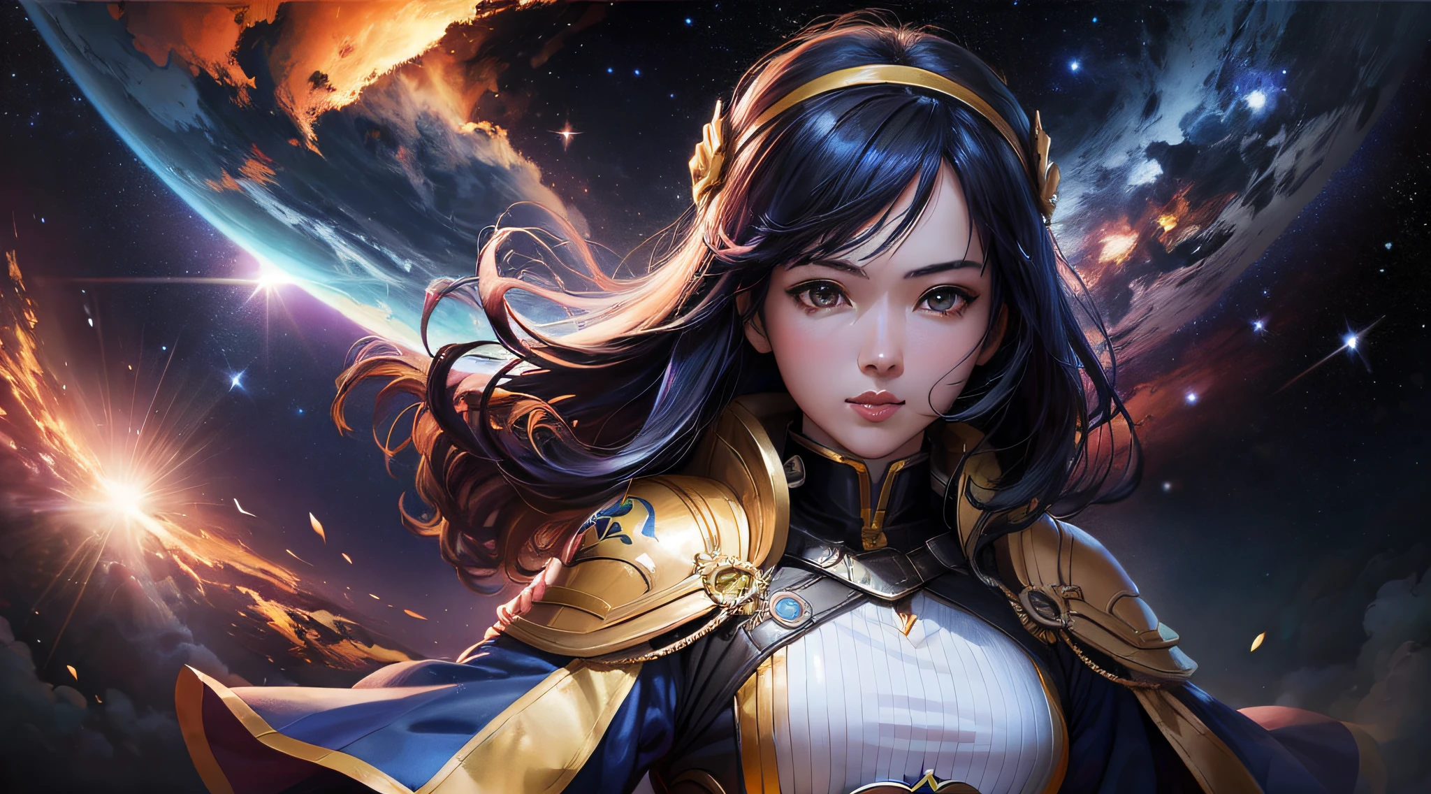 A woman in a spacesuit,The background is a sword and a planet, Artgerm JSC, Portrait Chevaliers du Zodiaque Fille, Extremely detailed Artgerm, artgerm and rossdraws, Artgerm and Ruan Jia, WLOP et Artgerm, Ruan Jia and Artgerm, artgerm detailed