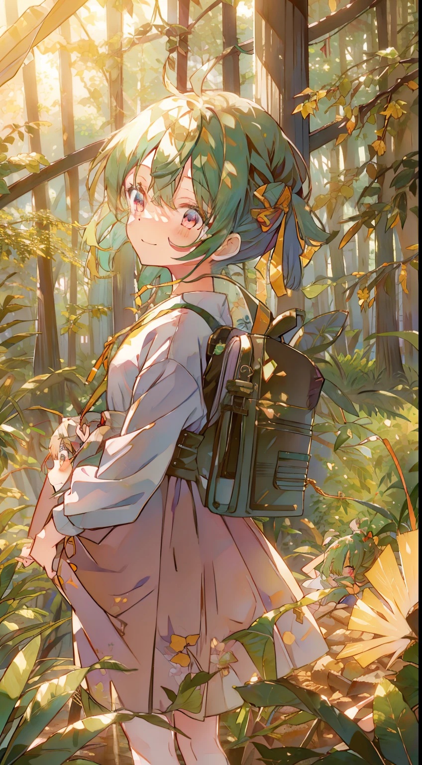 One girl、Bun hair、Twin-tailed、Double knot、Green hair、sano、Laugh、A smile、in woods、stump、to stand、​masterpiece、top-quality、Top image quality、cute little、Pink eyes、morning、the woods、Yellow-green dress、Ribbon on the back