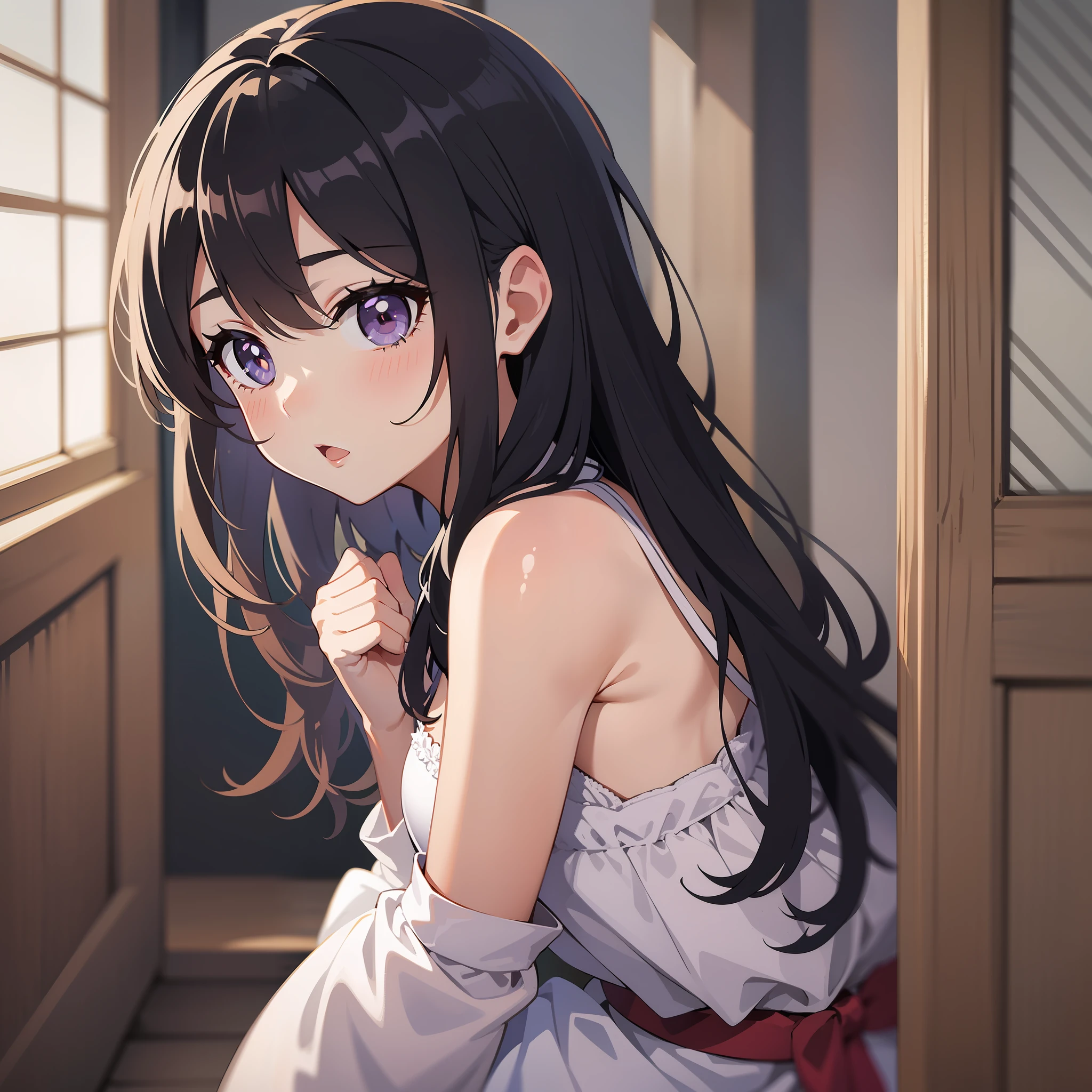 1人,chiquita,cabelos preto e longos,Purple pupils,White dress,adolable,adorable expression。