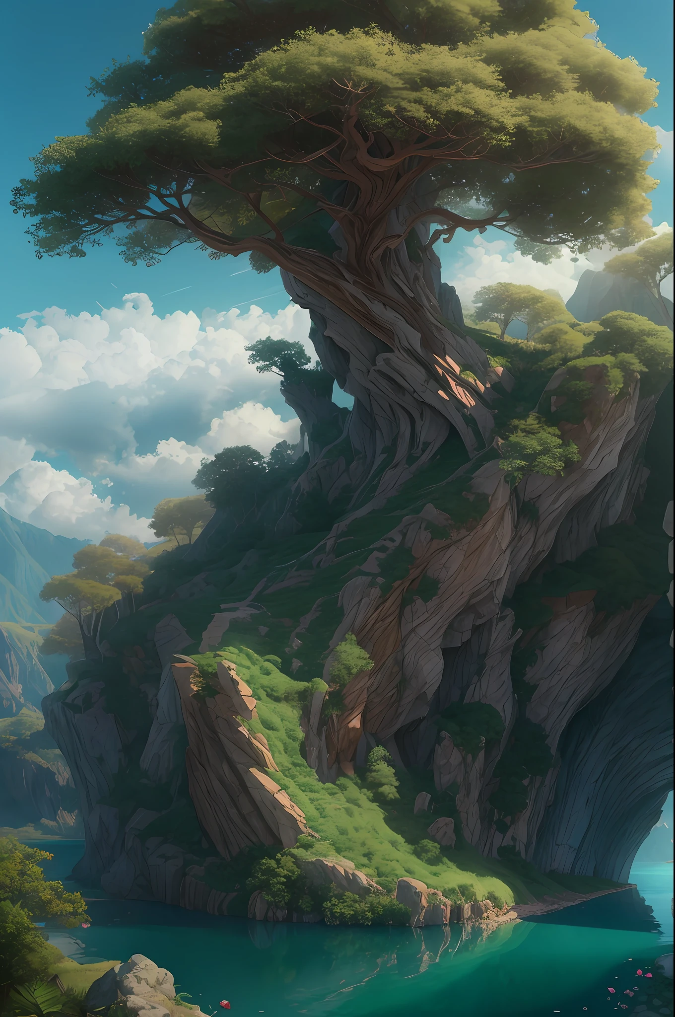 tree of world, masterpiece, best quality, high quality, extremely detailed CG unity 8k wallpaper, scenery, outdoors, sky, cloud, day, no humans, mountain, landscape, water, tree, blue sky, waterfall, cliff, nature, lake, river, cloudy sky,award winning photography, Bokeh, Depth of Field, HDR, bloom, Chromatic Aberration ,Photorealistic,extremely detailed, trending on artstation, trending on CGsociety, Intricate, High Detail, dramatic, art by midjourney