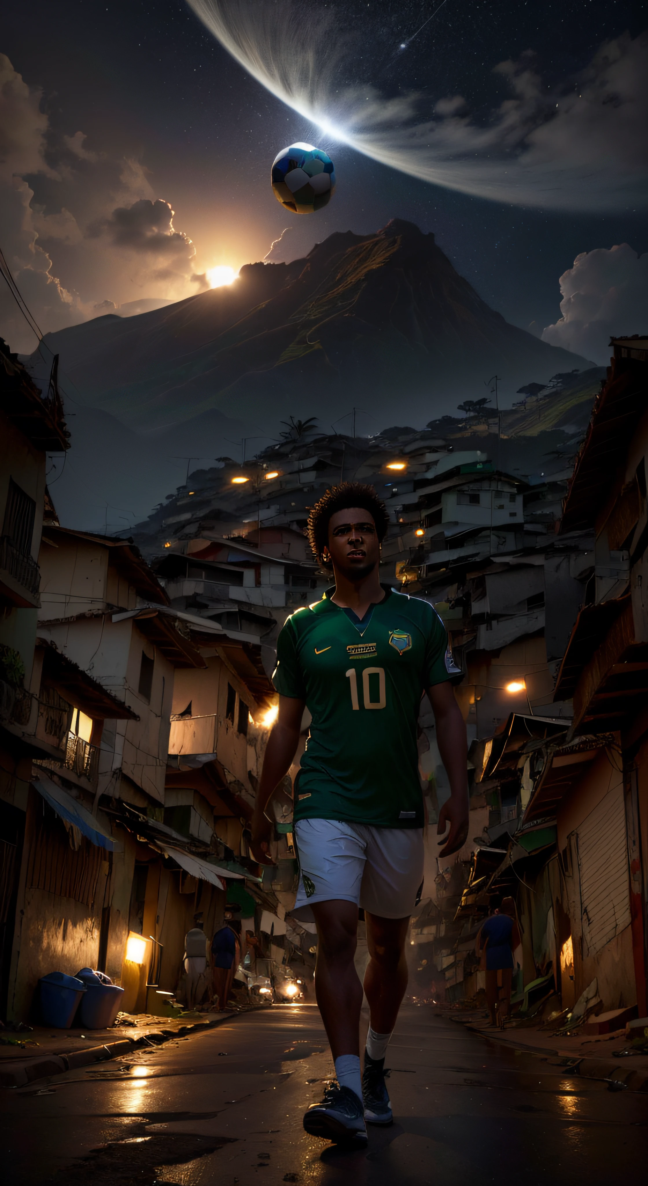 Image of a man in green shirt and white shorts playing football, foto de retrato de pintura fosca, inspirado em Willian Murai, Location ( favela _ PAREDE ), Location ( favela ), caprichoso, um ambiente de favela opulento, epic stark lighting", inspirado em Oswaldo Viteri, Retrato no meio da foto, dramatic cinematic shot, portrait of pele