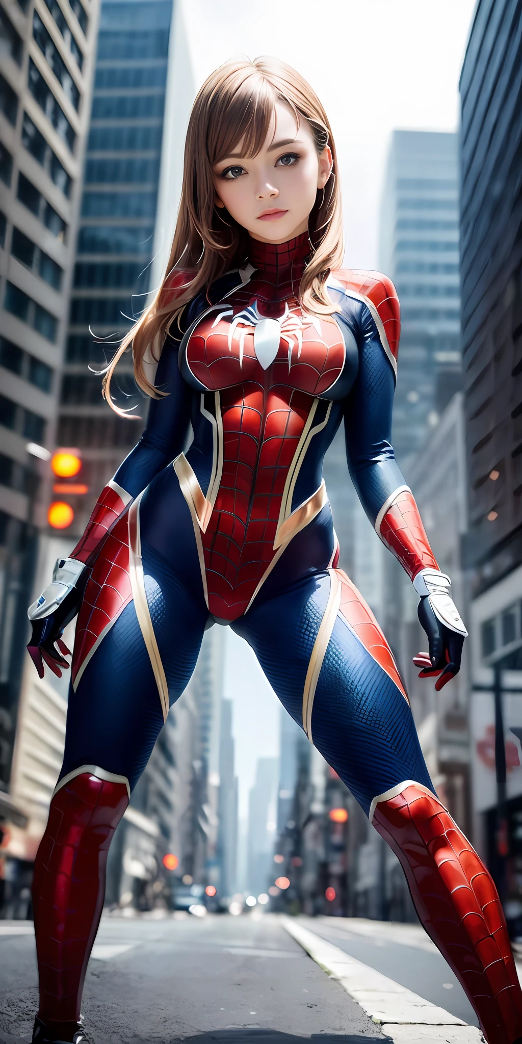 (1girl:1.3), Solo, (((Very detailed face)))), ((Very detailed eyes and face)))), Beautiful detail eyes, Body parts__, Official art, Unified 8k wallpaper, Super detailed, beautiful and beautiful, beautiful, masterpiece, best quality, original, masterpiece, super fine photo, best quality, super high resolution, realistic realism, sunlight, full body portrait, amazing beauty, dynamic pose, delicate face, vibrant eyes, (from the front), She wears Spider-Man suit, red and black color scheme, spider, very detailed city roof background, rooftop, overlooking the city, detailed face, detailed complex busy background, messy, gorgeous, milky white, highly detailed skin, realistic skin details, visible pores, clear focus, volumetric fog, 8k uhd, DSLR, high quality, film grain, fair skin, photo realism, lomography, futuristic dystopian megalopolis, translucent