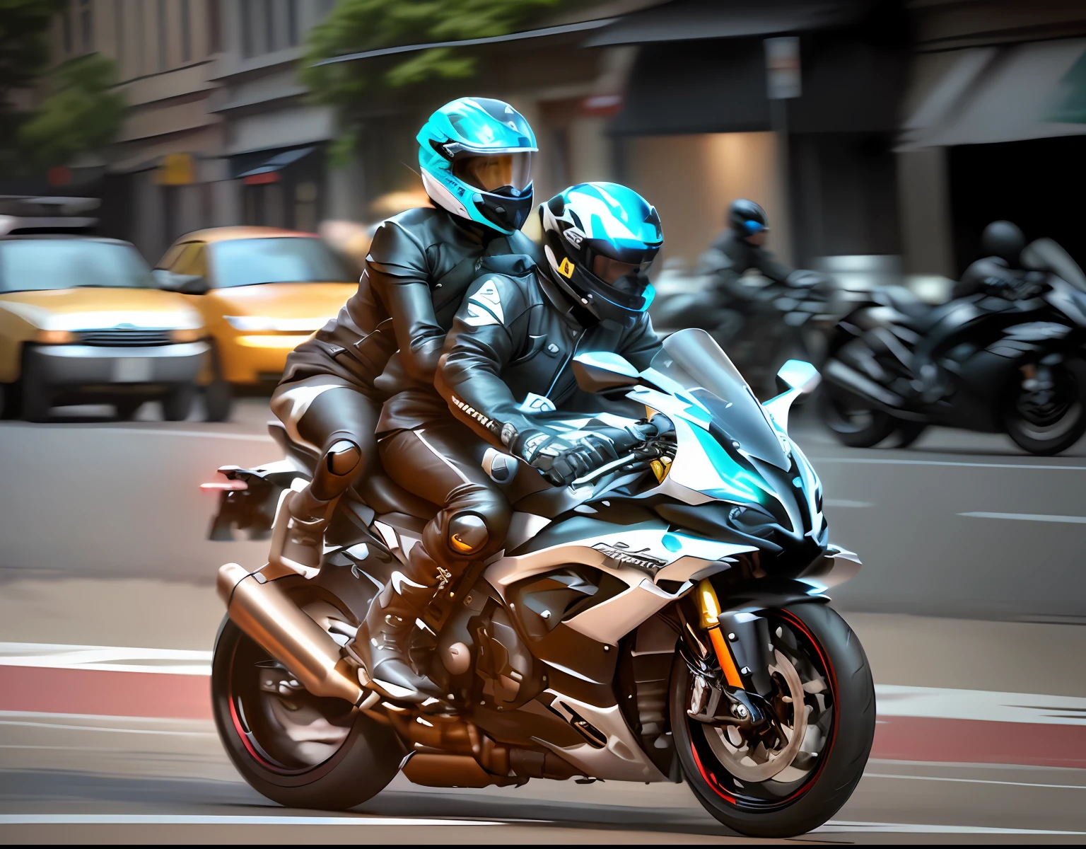 They rode motorcycles together on the street, riding a motorcycle, riding motorcycles, riding on the road, speeding on motorcycle, riding a motorbike down a street, riding a futuristic motorcycle, panning shot, author:Jan Rustham, 🚿🗝📝, motorbiker, author:Adrian Hanneman, sitting on the motorcycle, Riding