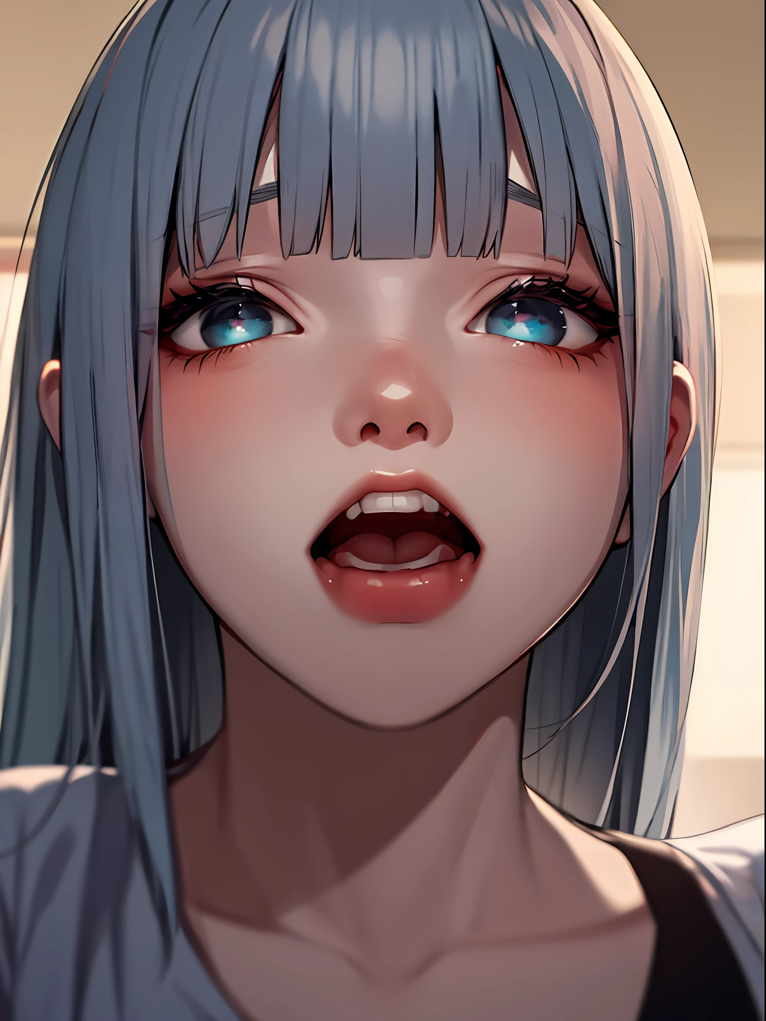Blunt bangs、Cold Face、Cold eyes、1girl in,Solo,Cross-eyed、Drunken eyes、ahegao silly / Sexual ecstasy)、White shirt、a matural female、Blunt bangs、realisticlying、top-quality、A detailed face、diffuse sunlight、depth of fields、Bokeh