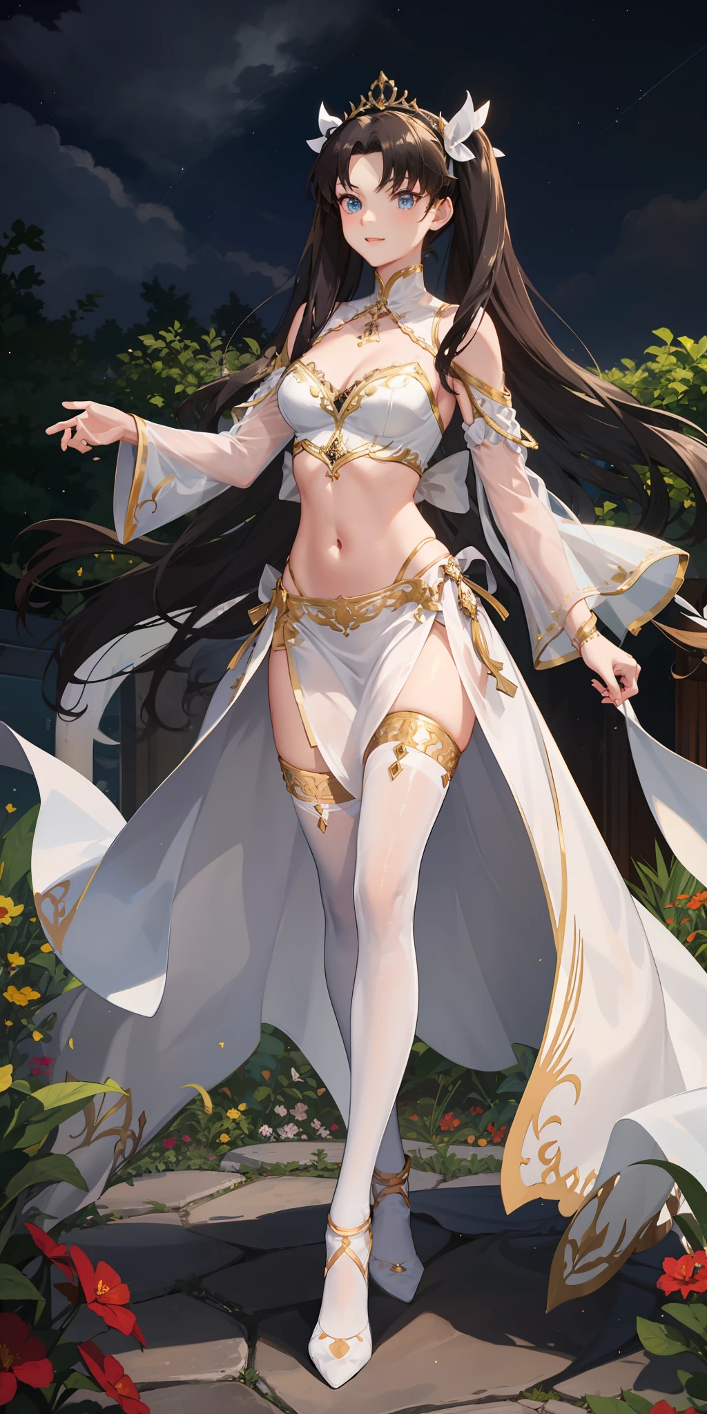 long hair, black hair, medium breast, slim legs, happy, white gown, cleavage, arabian belly dancer , skirt, rin tohsaka, twin tail, navel, garden, night, blue eyes, tiara, standing, thigh high socks