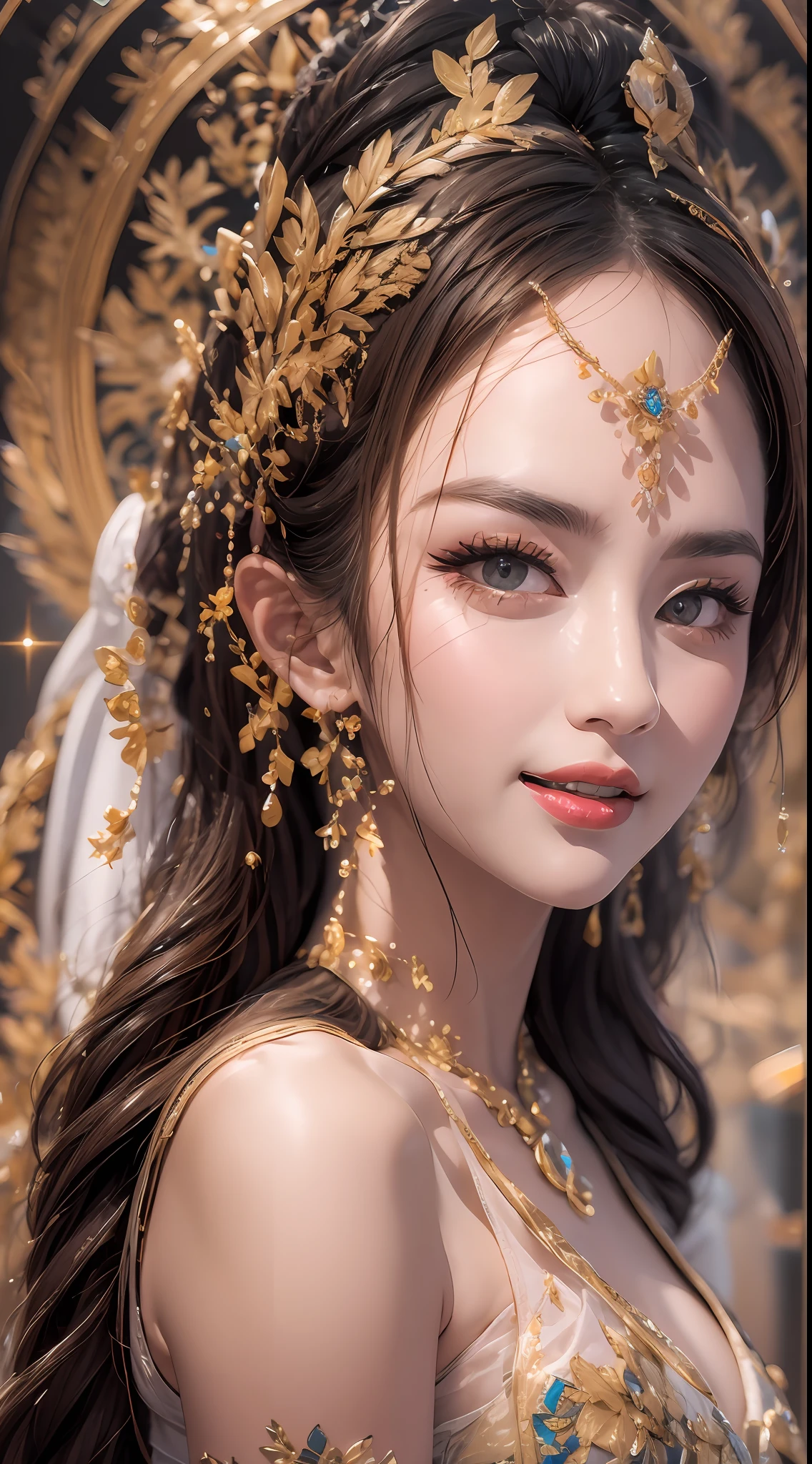 Portrait of a 27-year-old saint,Charming adult saint in a long dress made of thin silk, beautiful saint with an old face, adult, wearing a thin multicolored silk dress, beautiful face without blemishes, (((Natural smile:1.3))), ((flat bangs:0.5)), (((platinum long hair:0.5))), big crown, hair brooch, hanfu dress, chinese ancient style, full body jewelry, forehead tattoo, super even chest, face, innocent face, The most beautiful and detailed light red lipstick, ((Thin plump lips:0.3)), ((Golden Eyes color:0.6)), Detailed and delicate lighting effects, light and dark, dramatic lighting, magical light, extremely detailed light, true color, super sharp, realistic, 8k quality, fantasy universe background, saints and magical space, the most detailed images, ((Solo:0.3)), ((a saintess:0.6)), ((looking directly at the saint's upper body:0.4)), ((smooth skin:0.5)), ((the holy woman's veil:0.6)), ((solo:0.5)), ((alone girl:0.4)),