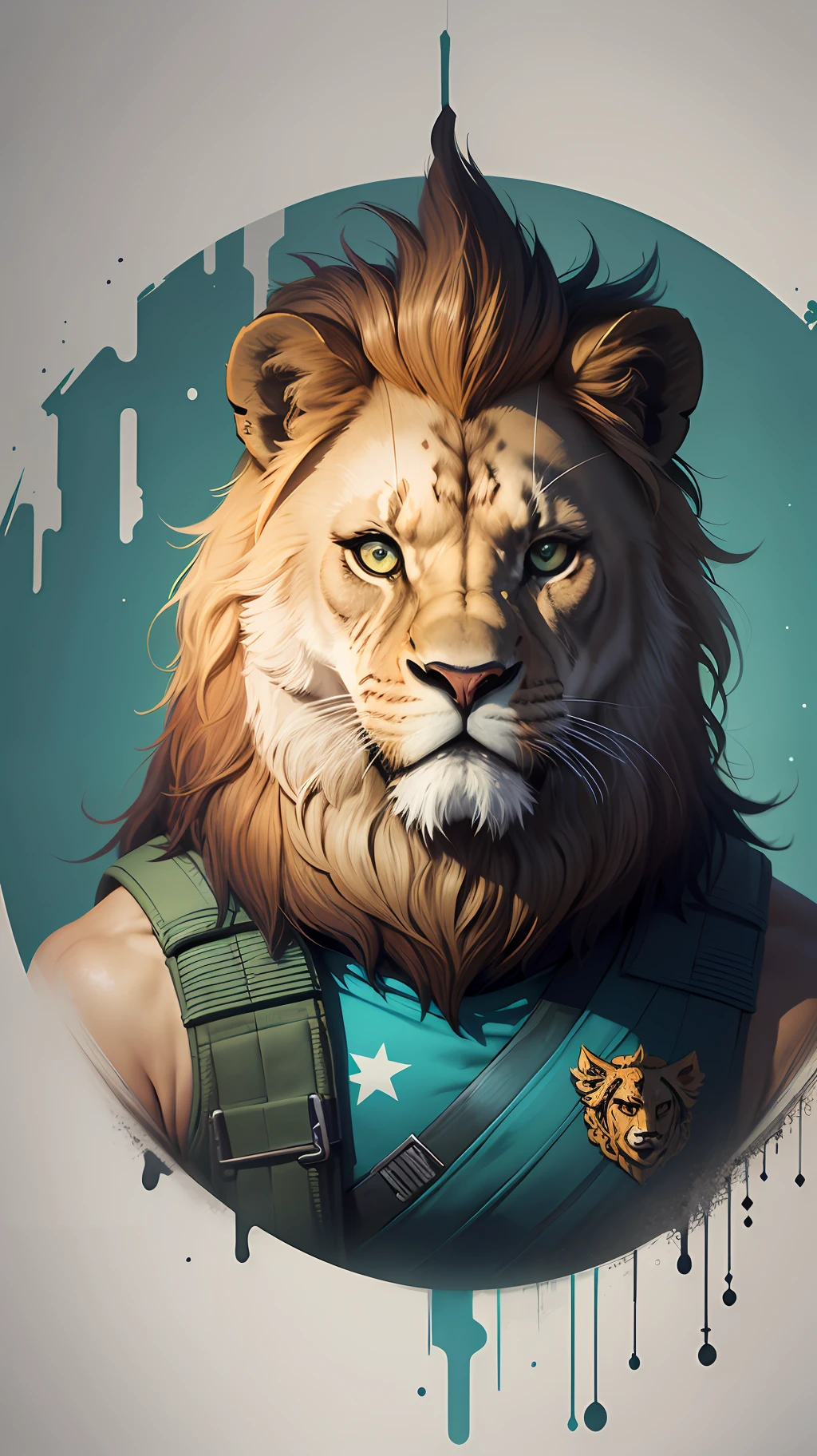 ((hyper realistic 1.5)) Lion_detail vector logo 2D bidmensional, soldier mask_sas CS GO, azul_verde glitter splash, classic, minimalistic, vintage design, drawn by Alex Pardee, Banksy grafitti style:: Tattoo, Sherpard Fairey Art, in the style of Maurice Sendak:: Disney Pixar animation style --auto --s2