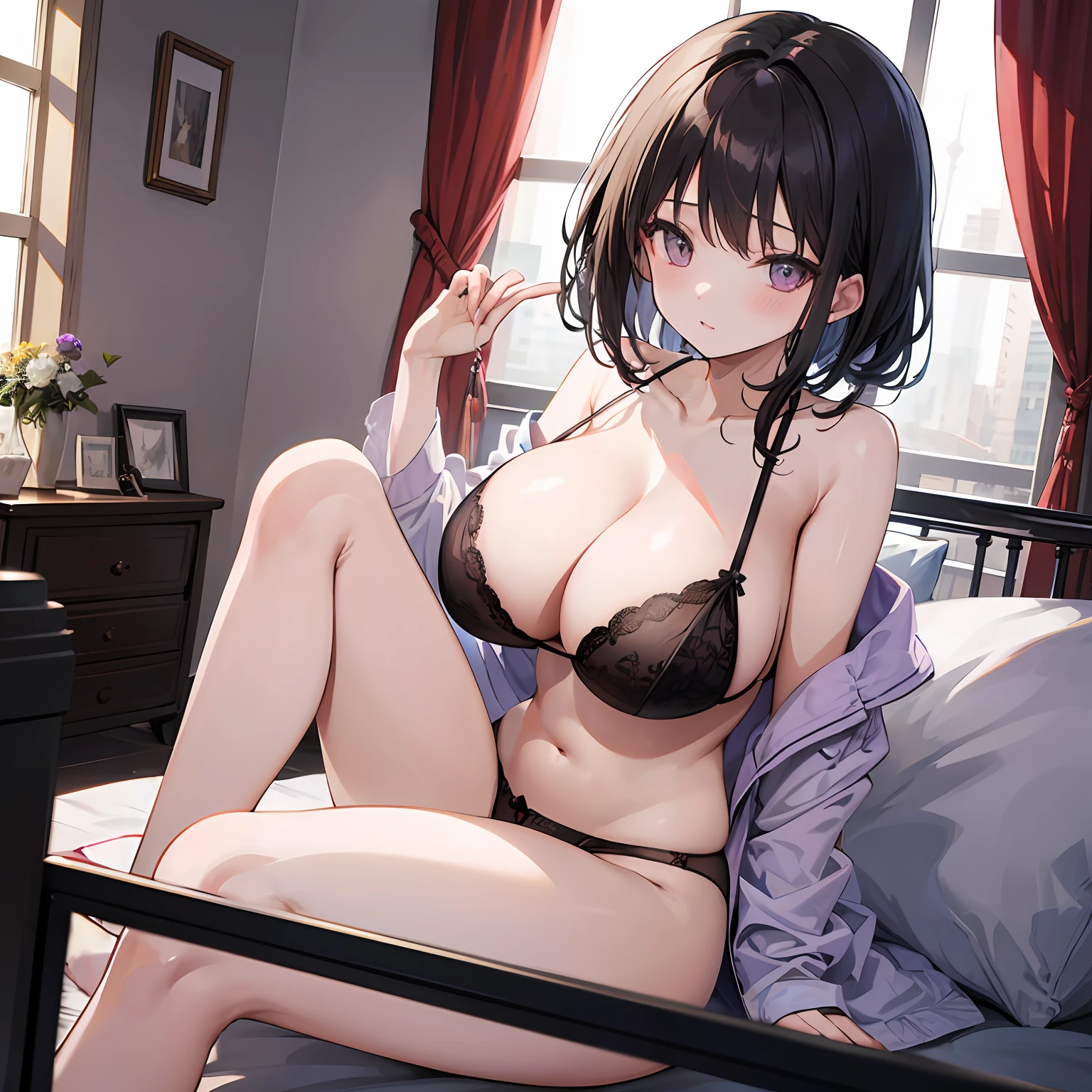 A dark-haired、huge tit、Masterpiece、high-level image quality、Official picture、soio、Bedrooms、Night view from the window、Purple lingerie