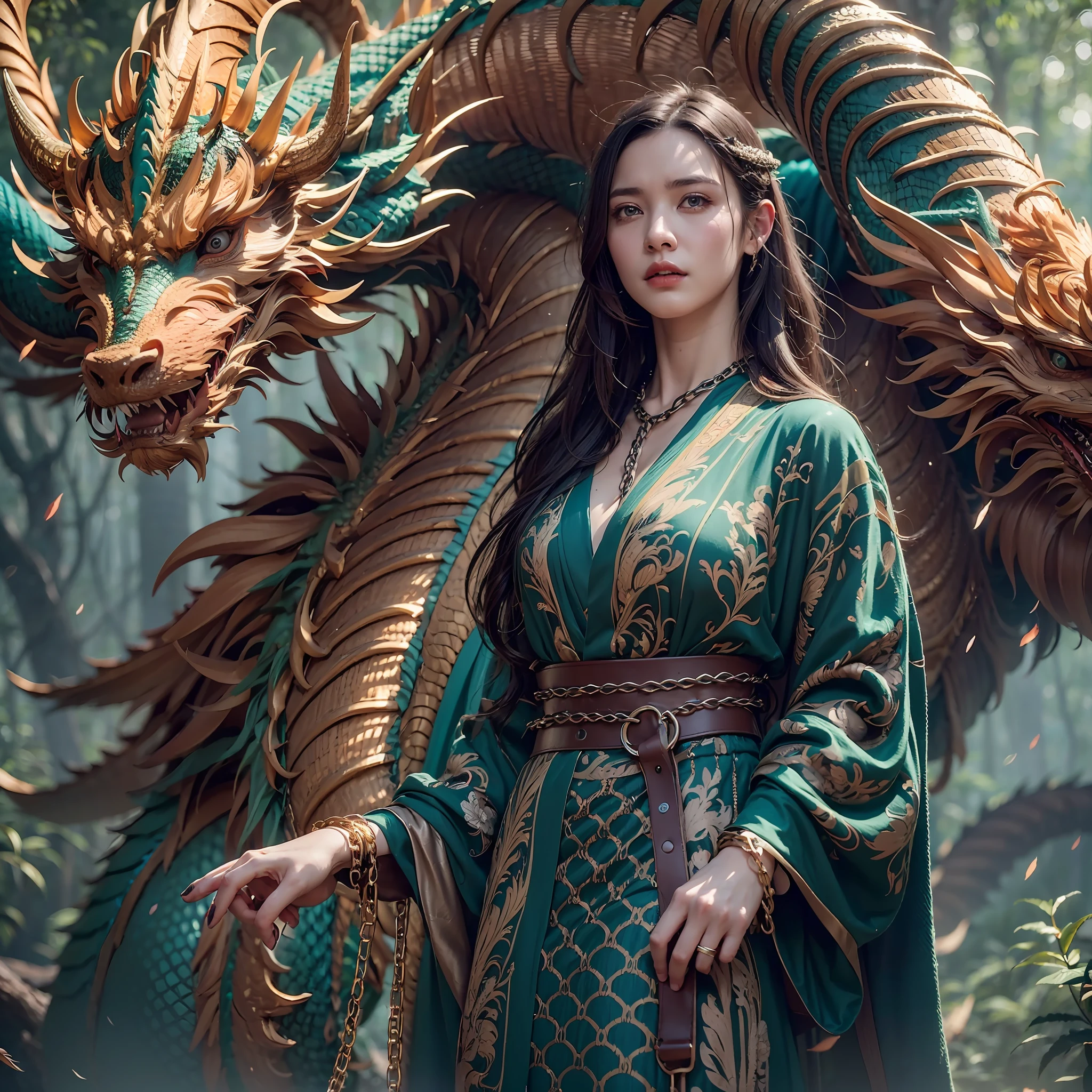 A beautiful girl with a rainbow dragon, ((girl wearing a long robe)), (wearing chain mail: 1.4), (long cloth pants: 1.2), (chain mail with dragon scale patterns), perfect facial features, delicate face, long hair, graceful, wisdom, courage, rainbow dragon, scales, horns, flames, wings, dragon claws, dragon protecting the girl, background for ancient forest, mysterious connection, protection, trust, realistic quality, realism, 8k, best quality, masterpiece, cinematic quality, high chiaroscuro, octane rendering