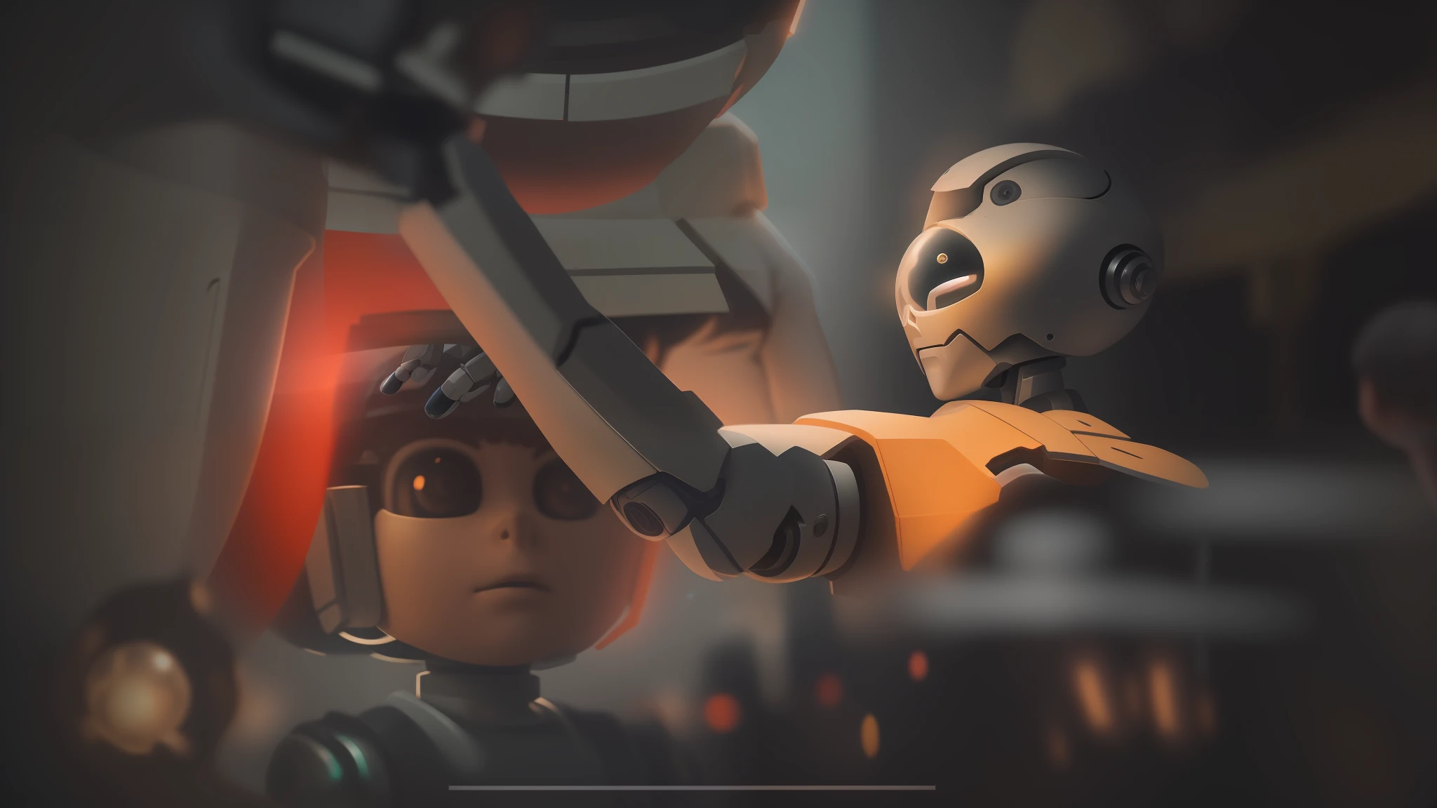 ((Realistic lighting, Best quality, 8K, Masterpiece: 1.3)) Render, hyper detailed, keep original people and profile, Make the boy into a humanoid robot that is holding a glowing orb that is floating above his hand with trails of light coming from its center in all directions, have the girl be his robot companion