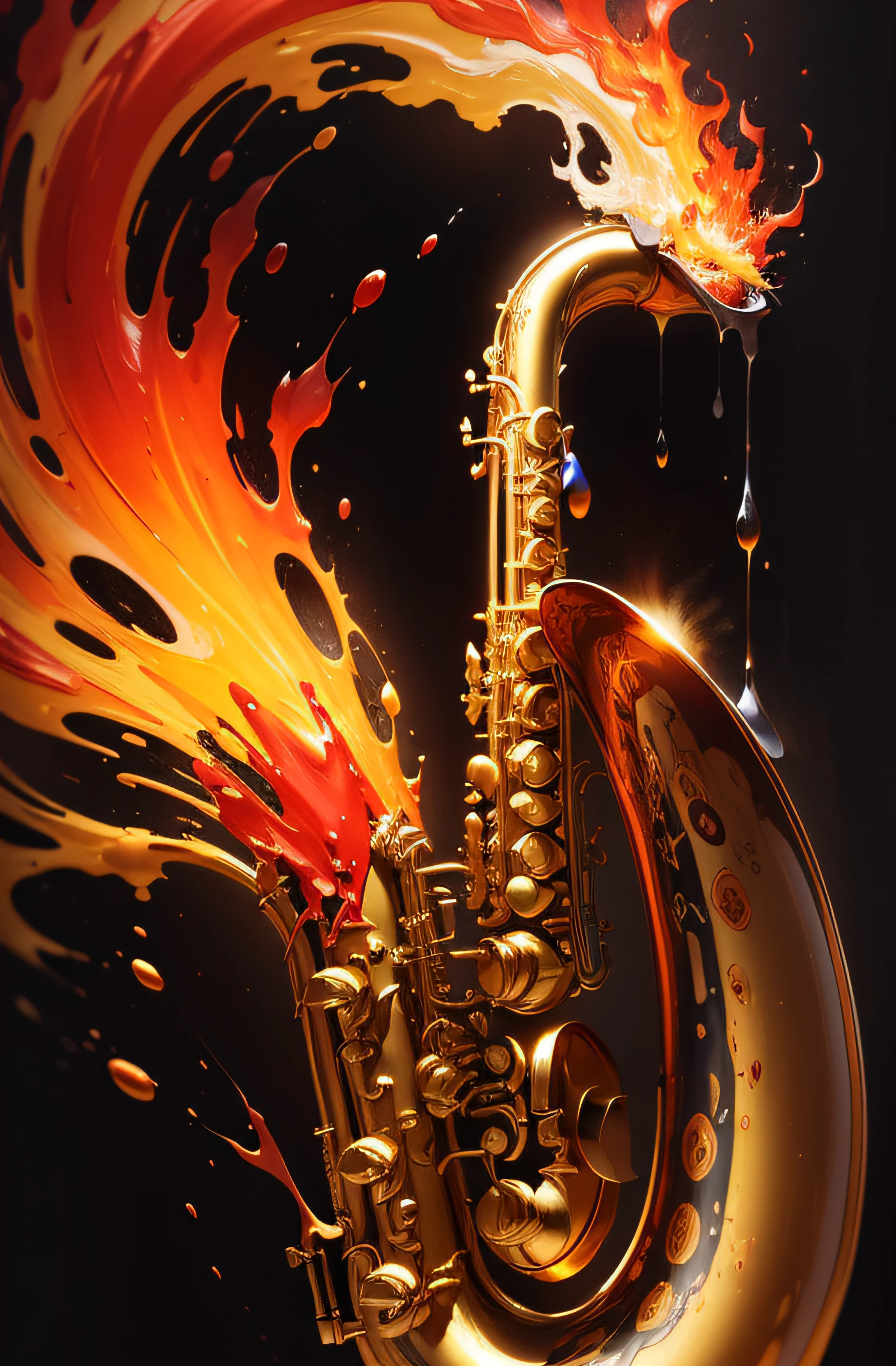 saxophone,super high-quality model, Background of flame burning, Abstract beauty, Explosive volume, oil painted, Heavy strokes, paint drips