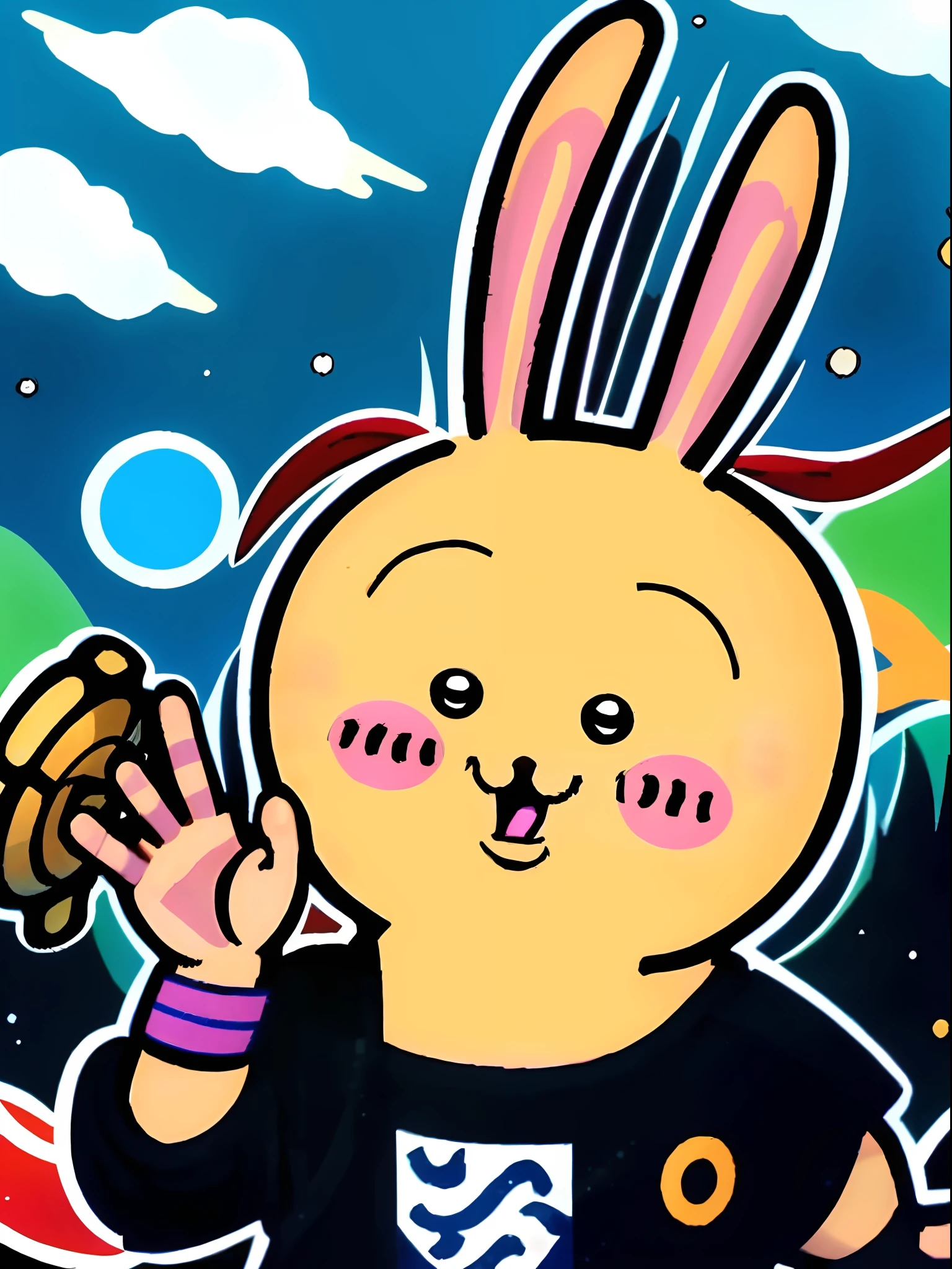 chiikawa\(a\), solo, :3,backlit, hands up, light particles, watch viewer, male focus, smile, solo upper body, wristband, ((masterpiece)), Akira Toriyama, in the style of Akira Toriyama, Dragon Ball Z