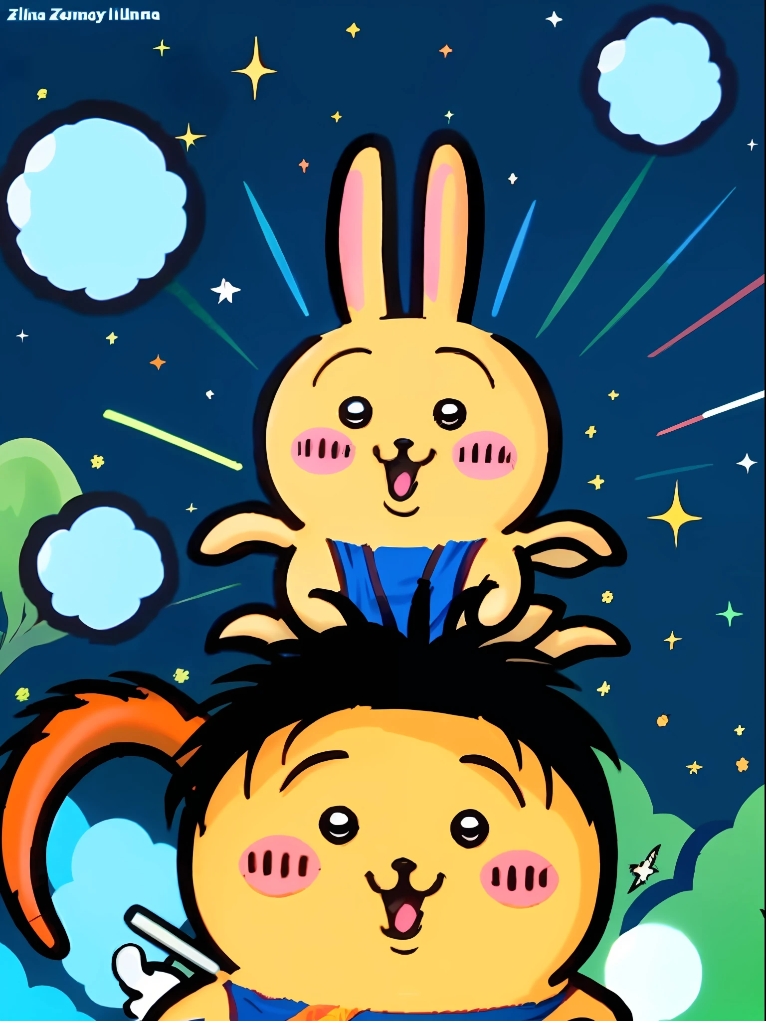 chiikawa\(a\), solo, :3,backlit, hands up, light particles, watch viewer, male focus, smile, solo upper body, wristband, ((masterpiece)), Akira Toriyama, in the style of Akira Toriyama, Dragon Ball Z