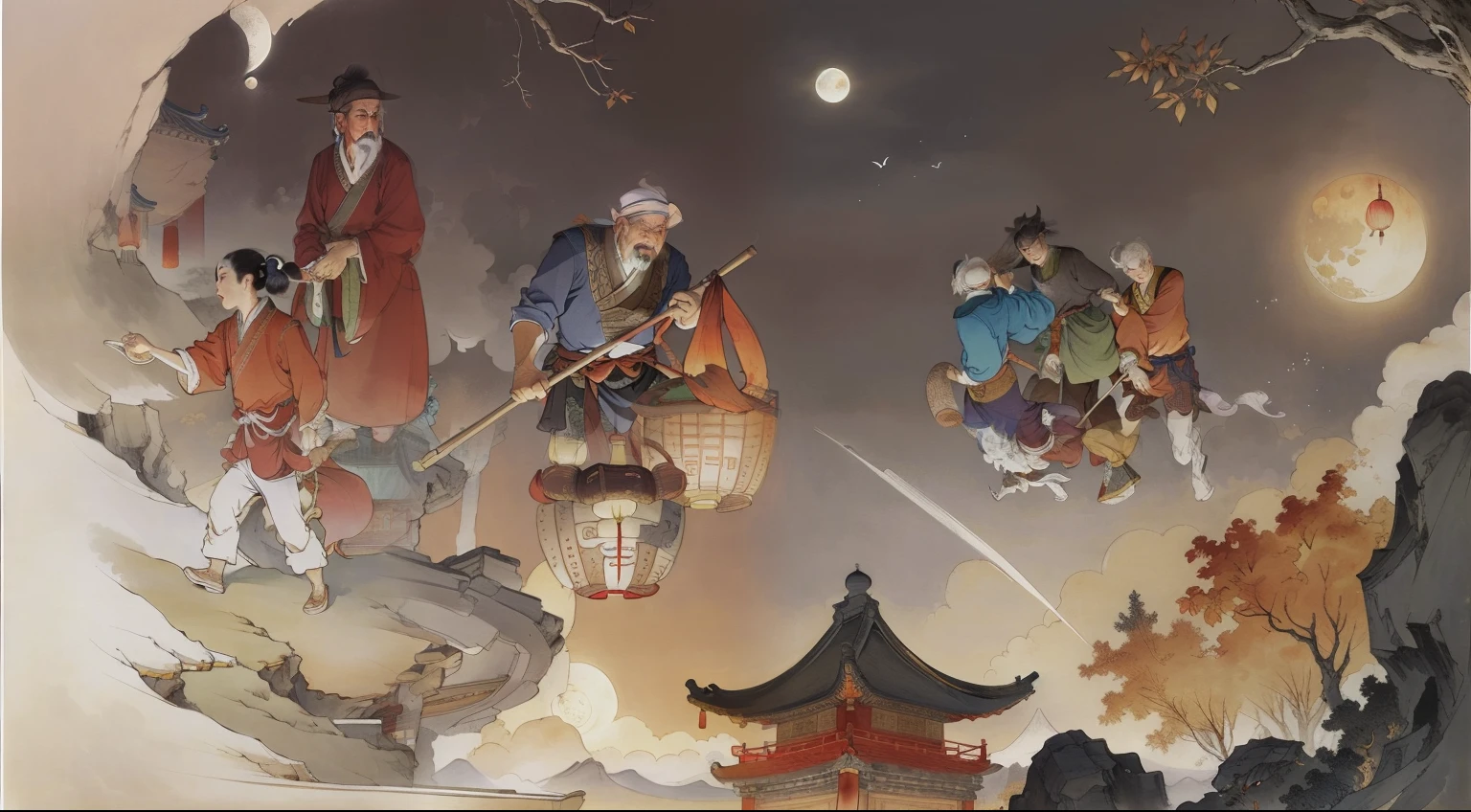 Ancient Chinese landscapes,Ancient buildings,Pavilions,Carved beams and paintings,enchanting scenery,Night,Moon light,Layered, Rich light and shadow,Mid-Autumn Festival, Ink painting style,clean color,Low-saturation colors,Colors of low brightness,Decisive cut,Leave white space,impressionistic,tmasterpiece,ultra - detailed,Epic composition, HighestQuali,hyper realisitc,Art germ --v 6