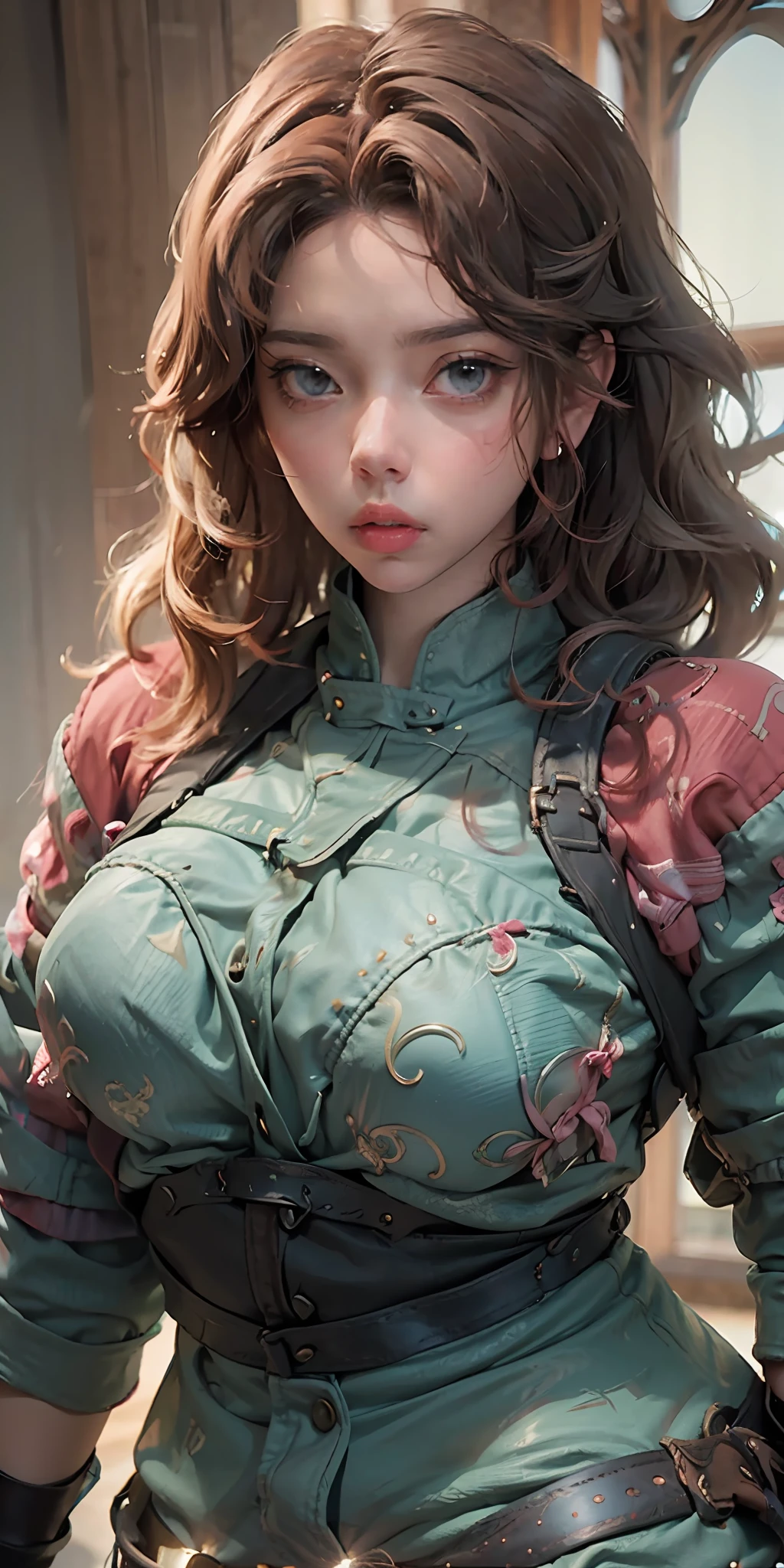 photo of (Scarlet johansson), RAW, beautiful woman, (long brown, wavy hair), sexy figure, (big ass:1.3), (masterpiece) (perfect proportion)(realistic photo)(best quality) (detailed) (8k) (HDR) (wallpaper) (cinematic lighting) (sharp focus) (intricate) aerith Gainsborough, pink dress, red denim crop jacket