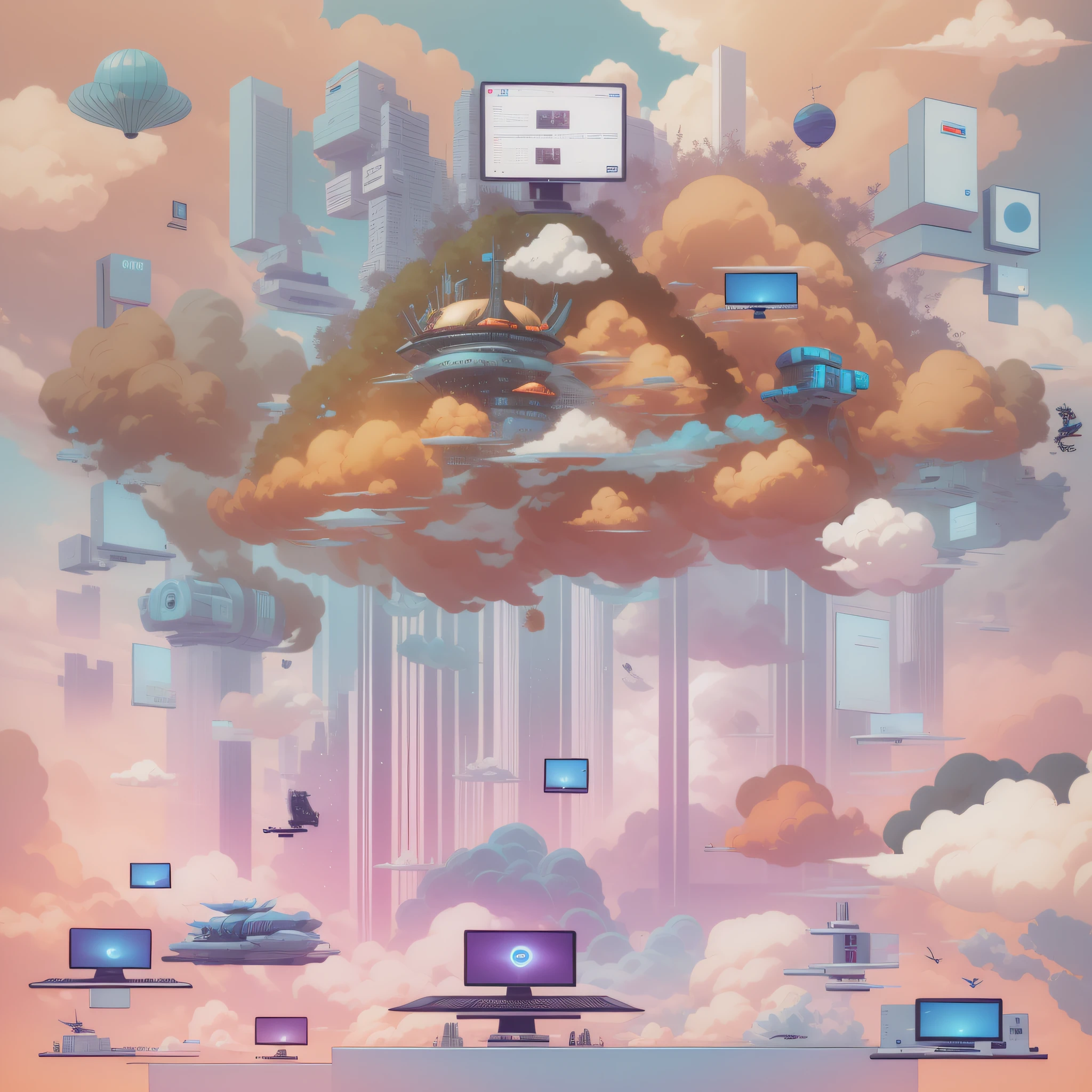 Creates a futuristic computer cloud service model art
