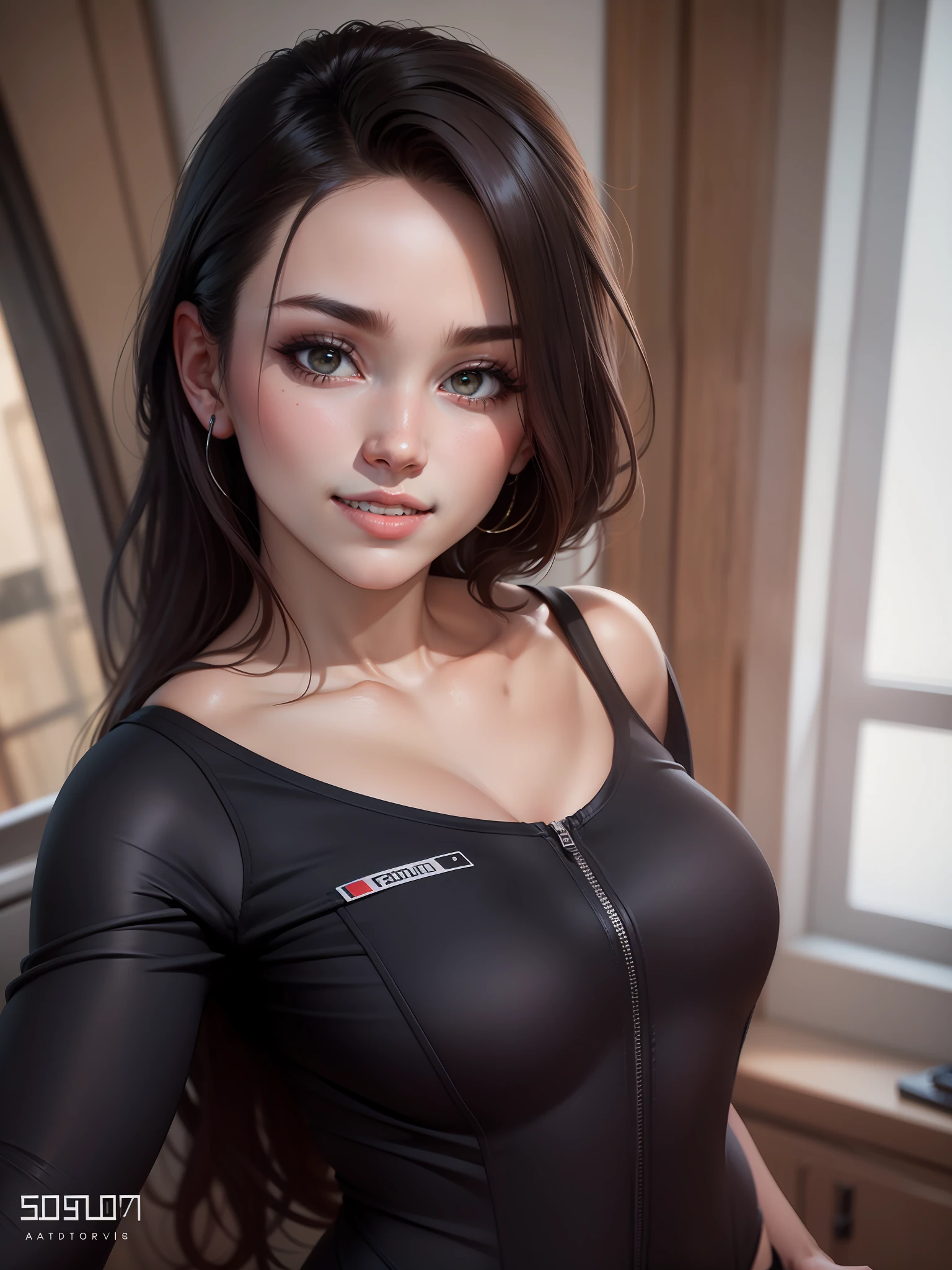 (8K,RAW photos,best qualtiy,tmasterpiece:1.2),(realisticlying,Photorealistic and realistic:1.37),Hyper-detailing,超高分辨率,1 woman,beautifull detailed face,exposing her chest,ssmile,teeth,Tall and tall,tightsuit,open-crotch pants,The reveal panties,stocklings,profesional lighting,