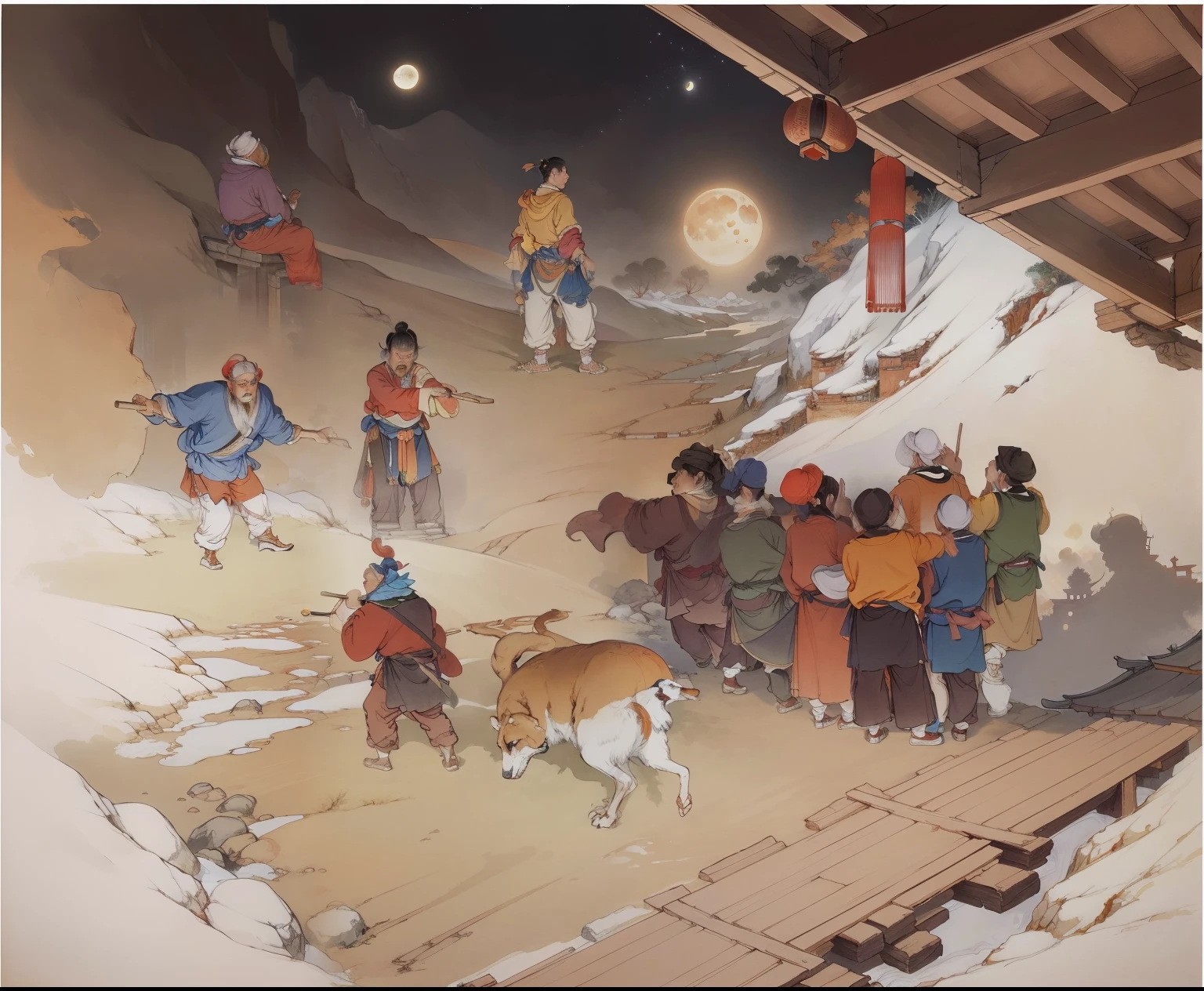 Ancient Chinese landscapes，Ancient buildings，Pavilions，Carved beams and paintings，enchanting scenery，Night，Moon light，Layered, Rich light and shadow,Mid-Autumn Festival, Ink painting style，clean color，Low-saturation colors，Colors of low brightness，Decisive cut，Leave white space，impressionistic，tmasterpiece，ultra - detailed，Epic composition,  HighestQuali，hyper realisitc，Art germ --v 6