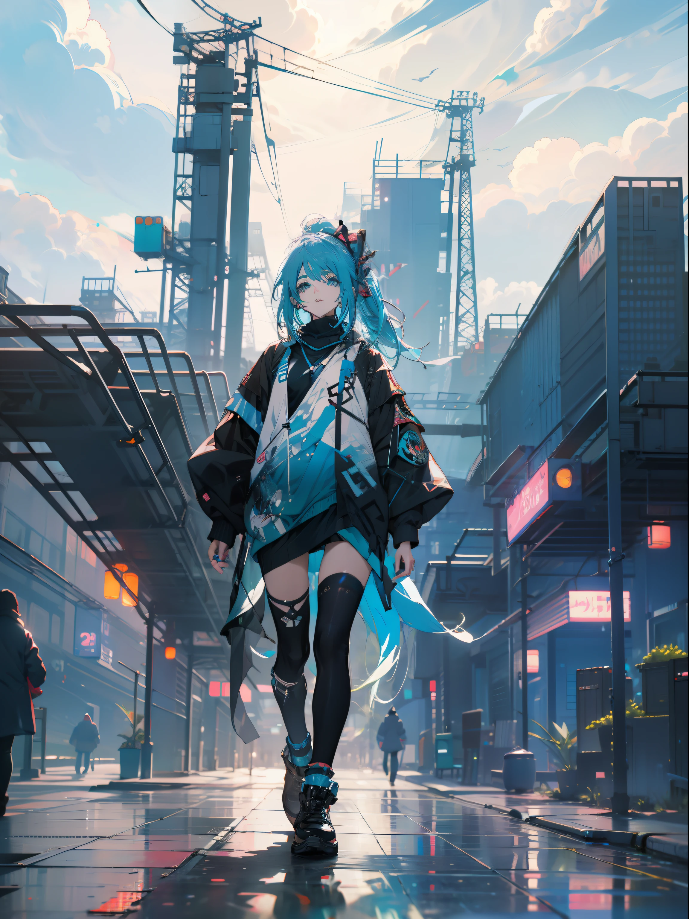 Blue-haired side ponytail,Design clothing,Seven-doppelganger shot,Anime style 4K,Anime girl with teal hair,trending on artstation pixiv,cyberpunk anime girl,Lovely Huaifu in beautiful clothes,Anime moe art style,High quality anime art style,Piece animation style。8K animated art wall,HD close-up。