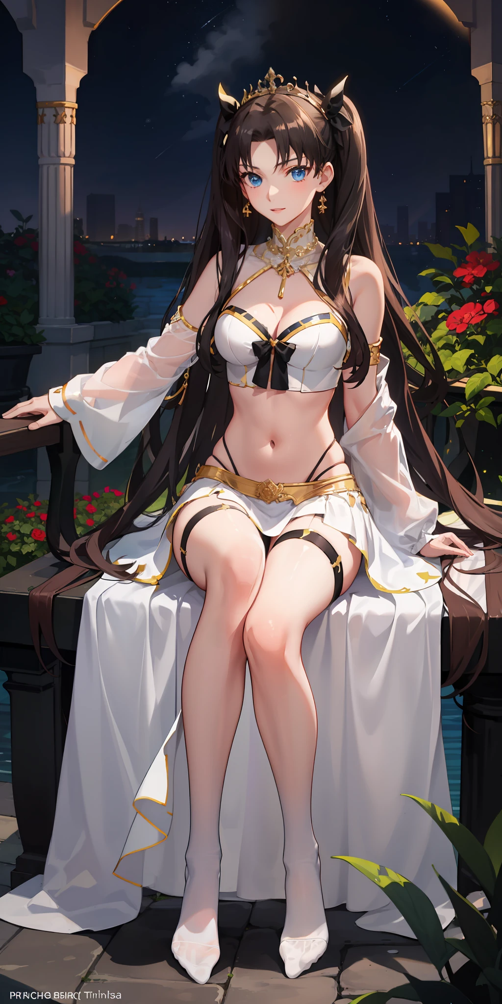 long hair, black hair, medium breast, slim legs, happy, white gown, cleavage, arabian belly dancer , skirt, rin tohsaka, twin tail, navel, garden, night, blue eyes, tiara, sitting, thigh high socks