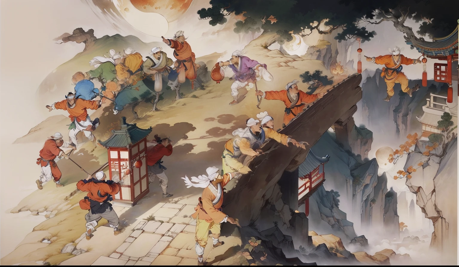 Ancient Chinese landscapes,Ancient buildings,Pavilions,Carved beams and paintings,enchanting scenery,Night,Moon light,Layered, Rich light and shadow,Mid-Autumn Festival, Ink painting style,clean color,Low-saturation colors,Colors of low brightness,Decisive cut,Leave white space,impressionistic,tmasterpiece,ultra - detailed,Epic composition, HighestQuali,hyper realisitc,Art germ --v 6