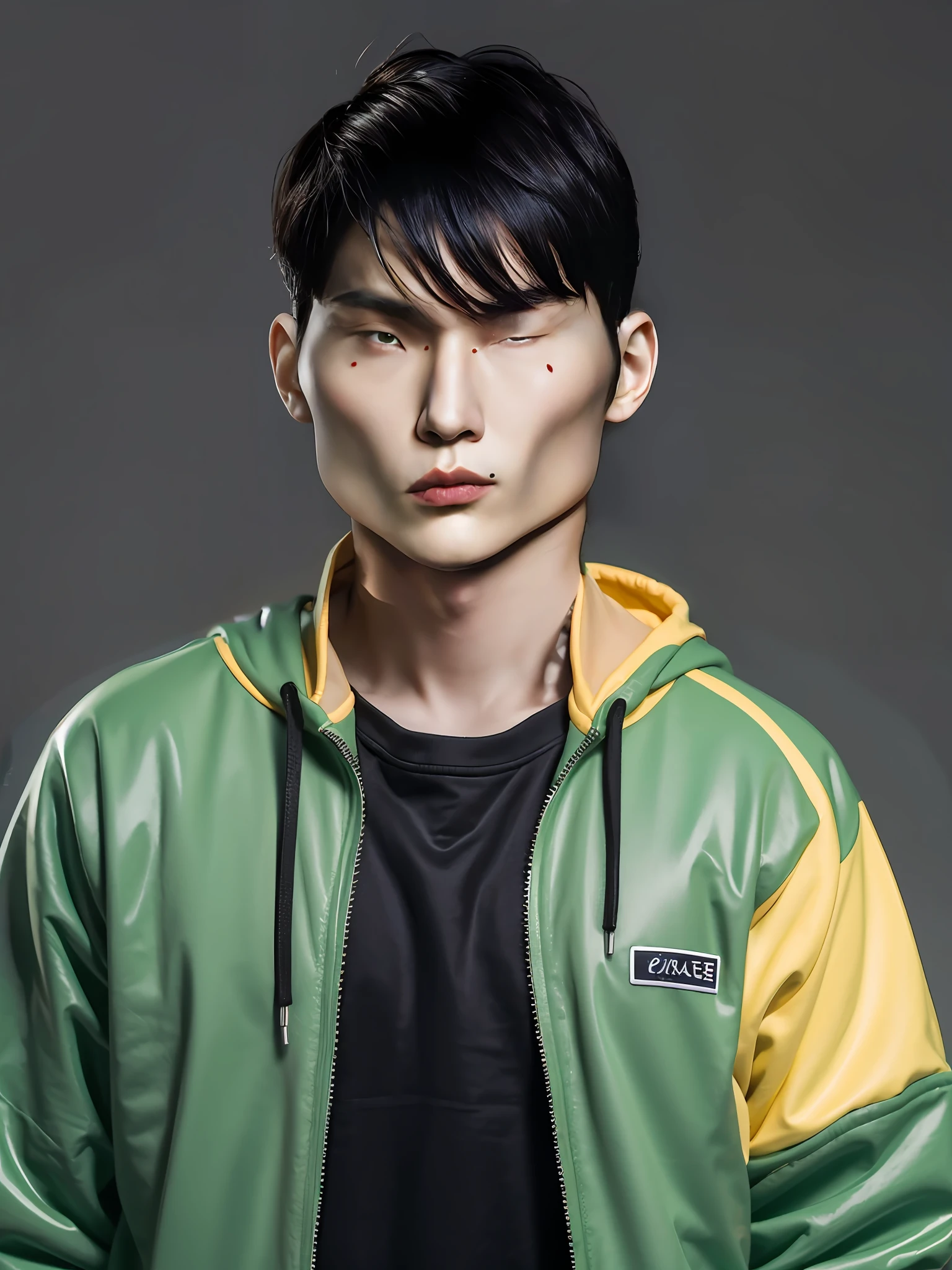 A Chinese male high school student，Wear a casual sweatshirt in PVC green，There are zippers