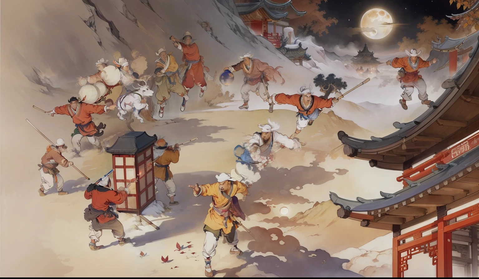 Ancient Chinese landscapes,Ancient buildings,Pavilions,Carved beams and paintings,enchanting scenery,Night,Moon light,Layered, Rich light and shadow,Mid-Autumn Festival, Ink painting style,clean color,Low-saturation colors,Colors of low brightness,Decisive cut,Leave white space,impressionistic,tmasterpiece,ultra - detailed,Epic composition, HighestQuali,hyper realisitc,Art germ --v 6