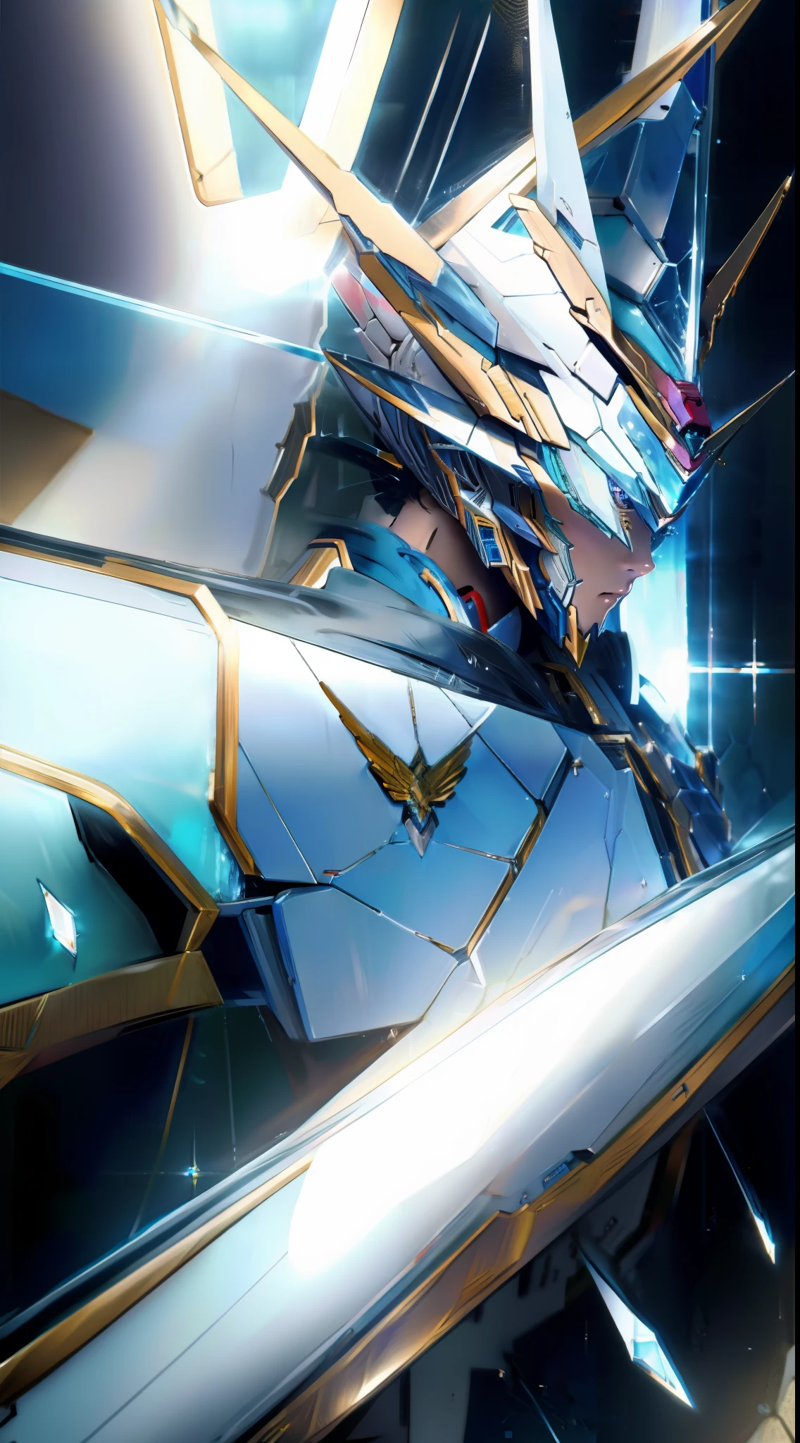 Platinum Gundam,Combat posture,angelicales,Ultimate realism,Macro scale,Intricate and delicate,Ray traching,Transparent as glass,Divine elegance,The attention to detail,realistic masterpiece,best qualtiy,8K分辨率。