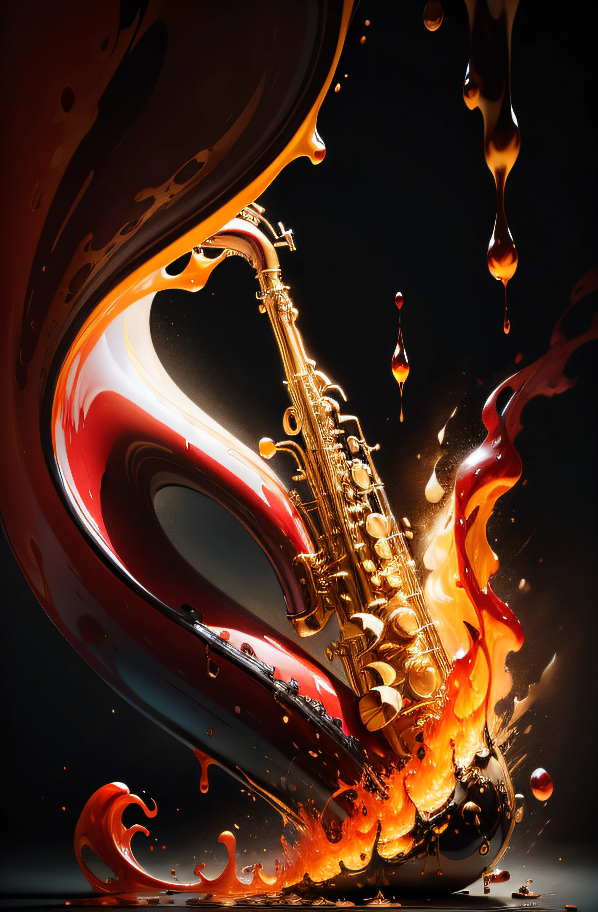 saxophone,super high-quality model, Background of flame burning, Abstract beauty, Explosive volume, oil painted, Heavy strokes, paint drips