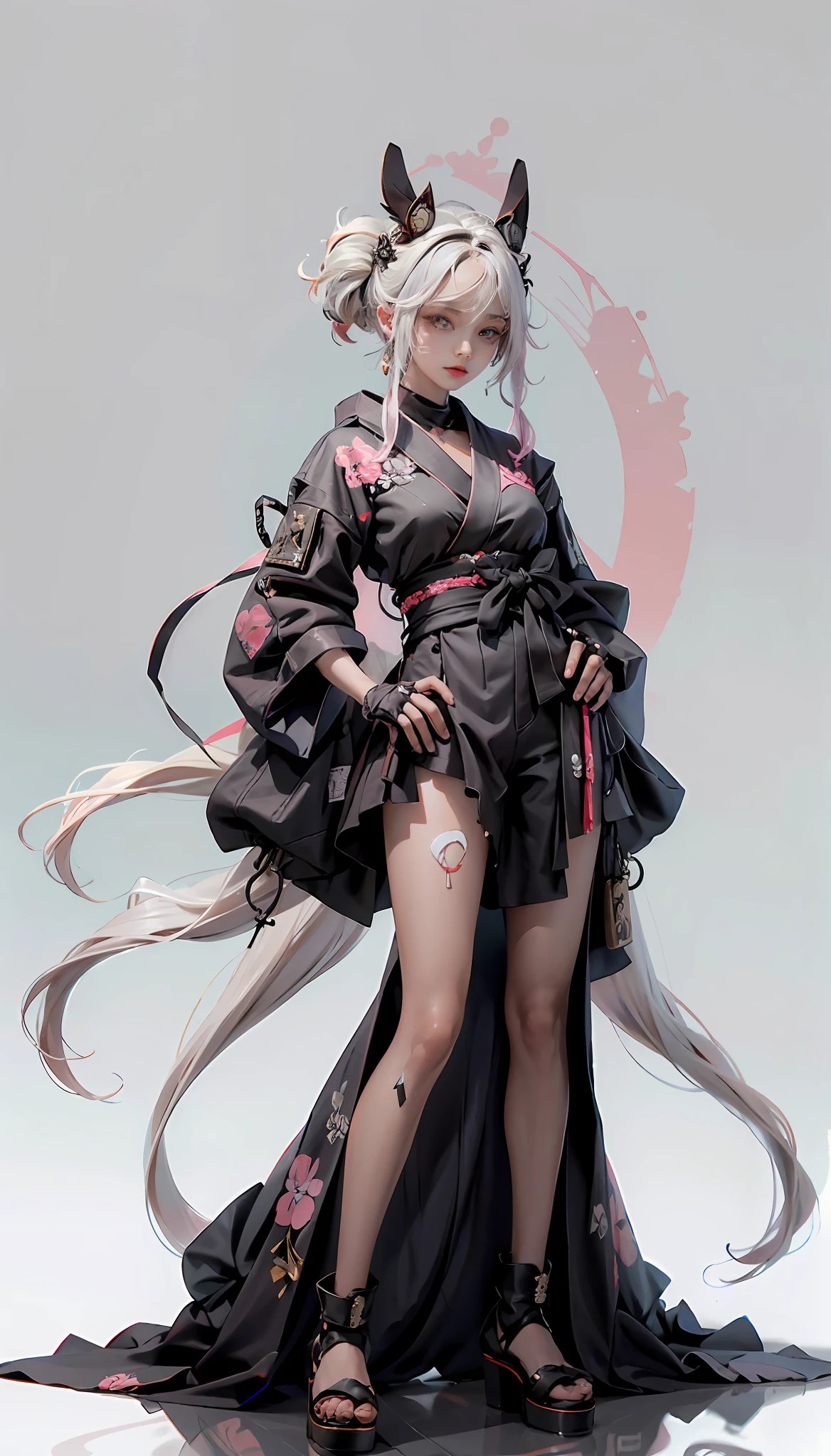 personagem ANIME MULHER, CORPO INTEIRO, Standing, ((design sketches)), (obra-prima), (design original), uma imagem de uma linda mulher elfa de cabelo curto rosa, wearing an antique black japanese kimono technological, brincos, black gloves on each hand, meias longas preta e uma bota preta, dynamic standing body, guerreira, roupa longa, blue eyes with pink, coreana
