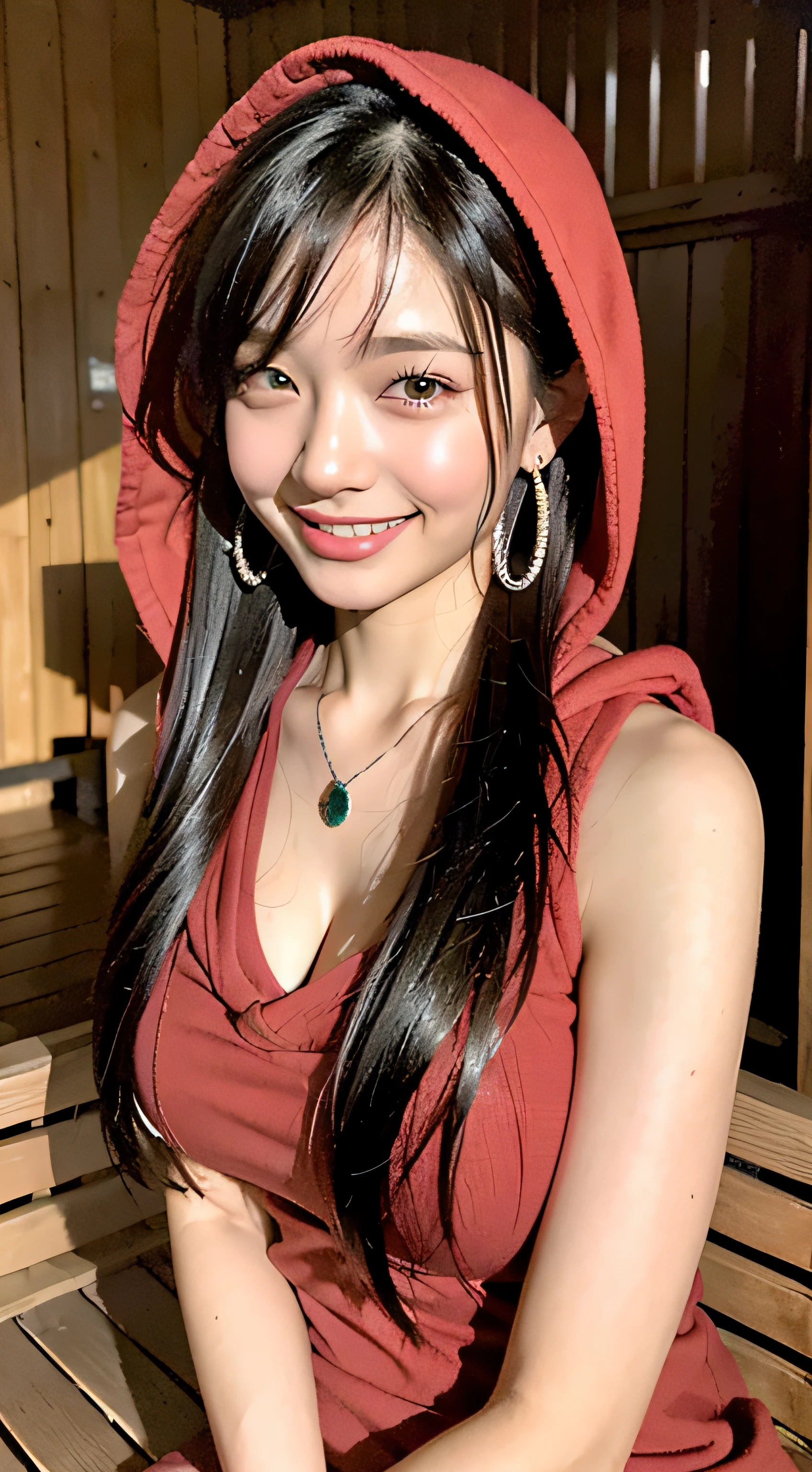 (Cover your head with red sweat fabric sauna hood:1.2)、(Innocent and classy girl:1.2)、(Layered hairstyle、Dark gray hair)、shorth hair、(hair adornments:1.2)、(FULL BODYSHOT:1.1)、(Instagrammable selfie pose:1.2)、Colossal tits、perspiring、Wet、(embarrassing smile:1.2)、(Stand up and reach out)、 (Sit on a bench in the sauna room:1.2)、 (Raw photography、realisitic、Photorealsitic:1.3)、realperson、high-detail、nffsw、retinas、(masterpiece:1.2)、acurate、tre anatomically correct、Textured skin、super detailing、high detailing、hightquality、Award-winning、top-quality、hight resolution、1080p、hard disk、4K、8K、16 K、Highly detailed facial and skin texture、A detailed eye、二重まぶた、Natural cheeks、Wet eyes:1.2、shiny little necklace and earrings,、shiny lip: 1.4、(light skinned:1.2)、(Beautiful abs:0.65)((Opening legs))