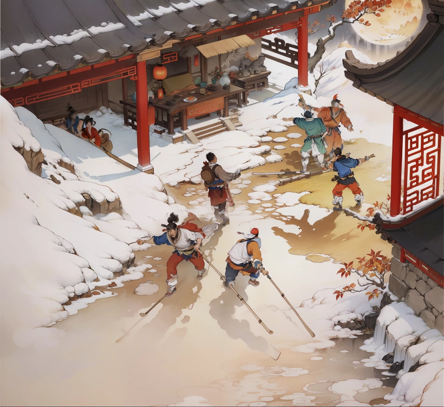 Ancient Chinese landscapes,Ancient buildings,Pavilions,Carved beams and paintings,enchanting scenery,Night,Moon light,Layered, Rich light and shadow,Mid-Autumn Festival, Ink painting style,clean color,Low-saturation colors,Colors of low brightness,Decisive cut,Leave white space,impressionistic,tmasterpiece,ultra - detailed,Epic composition, HighestQuali,hyper realisitc,Art germ --v 6