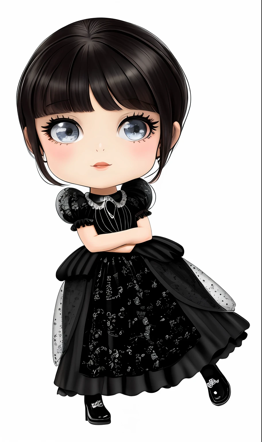 Menina dos desenhos animados no vestido preto com cabelo preto e sapatos pretos, Garota Anime usando um vestido preto, Loli no vestido, No estilo de arte de Bowater, charicatura, cabelos pretos e olhos grandes, estilo chibi, bailarina escura, an elegant gothic princess, she is wearing a black dress, com cabelos pretos, menina com cabelo preto, !!retrato de corpo inteiro!!