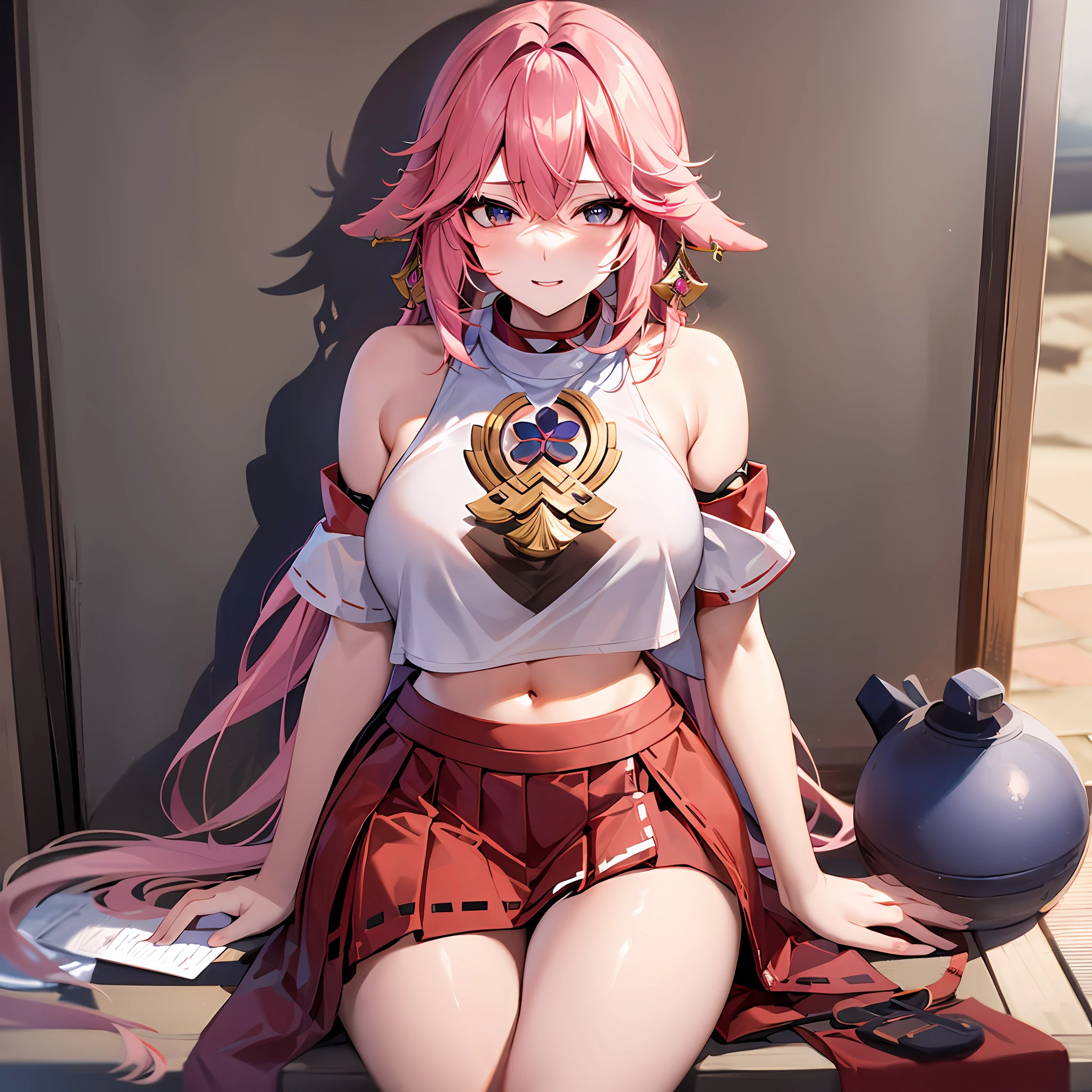 1yae miko, large breasts, underwear, in, cleavage, navel, t-shirts, (brachial), skirt, lie, Body, sexy, sitting