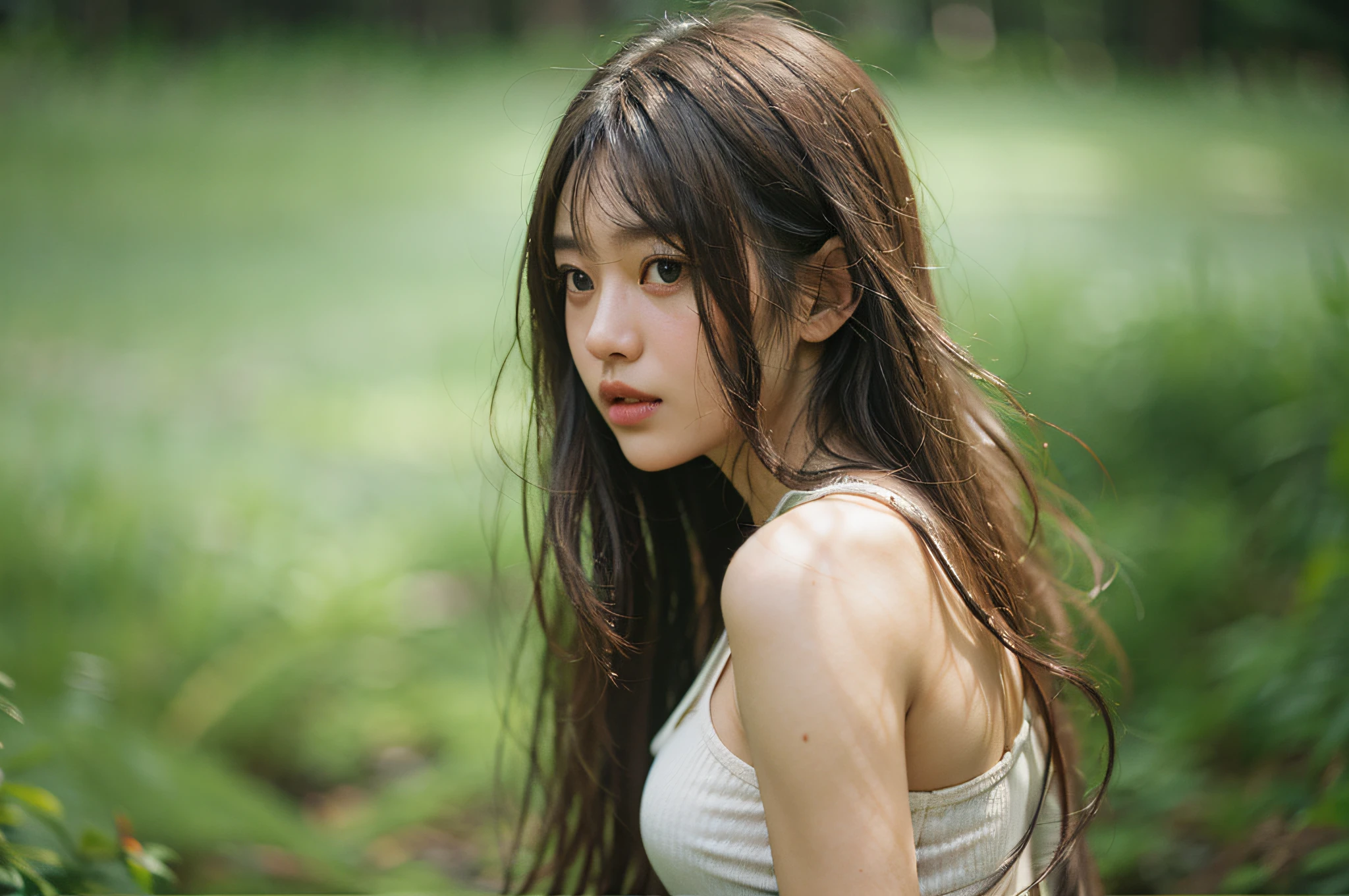 blurry, photo_\(medium\), depth_of_field, blurry_background, 1girl, realistic, solo, long_hair, lips, asian, brown_hair, motion_blur, toned, cosplay_photo, tank_top, brown_eyes, nose, muscular, pastel colour,hight contrast,(Natural skin texture,ultra-realistic realism,the soft light,Sharp)