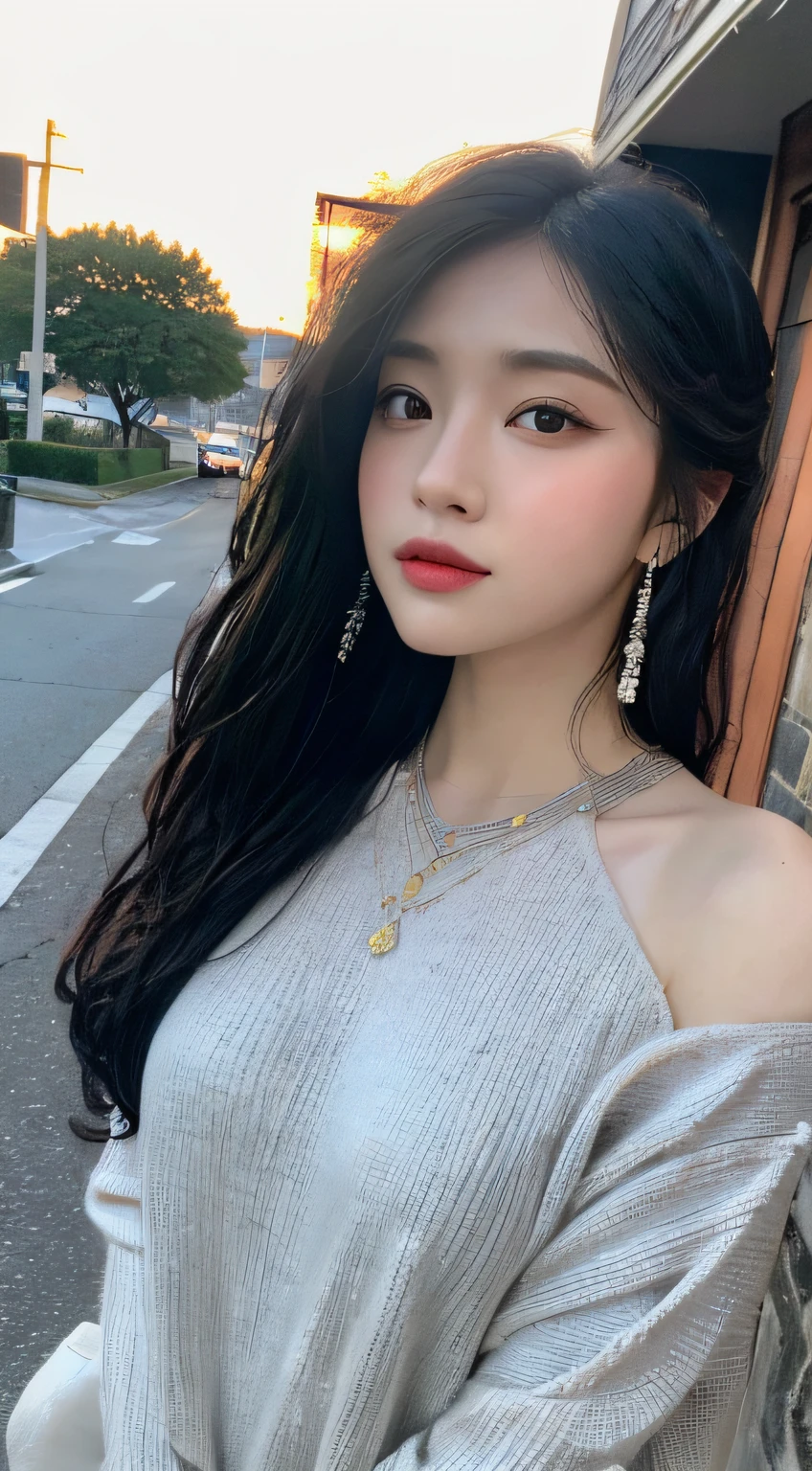 ((Realistic lighting、top-quality、8K、masterpiece:1.3))、Focus:1.2、1 girl in、flawless beauty:1.4、((Wavy black hair、:1.3))、(outside of house、natta:1.2)、Thin Eyes、二重まぶた、(In the street)、toward to the camera、(half: 1)、((Casual wear))、Sweaters、full bodyesbian