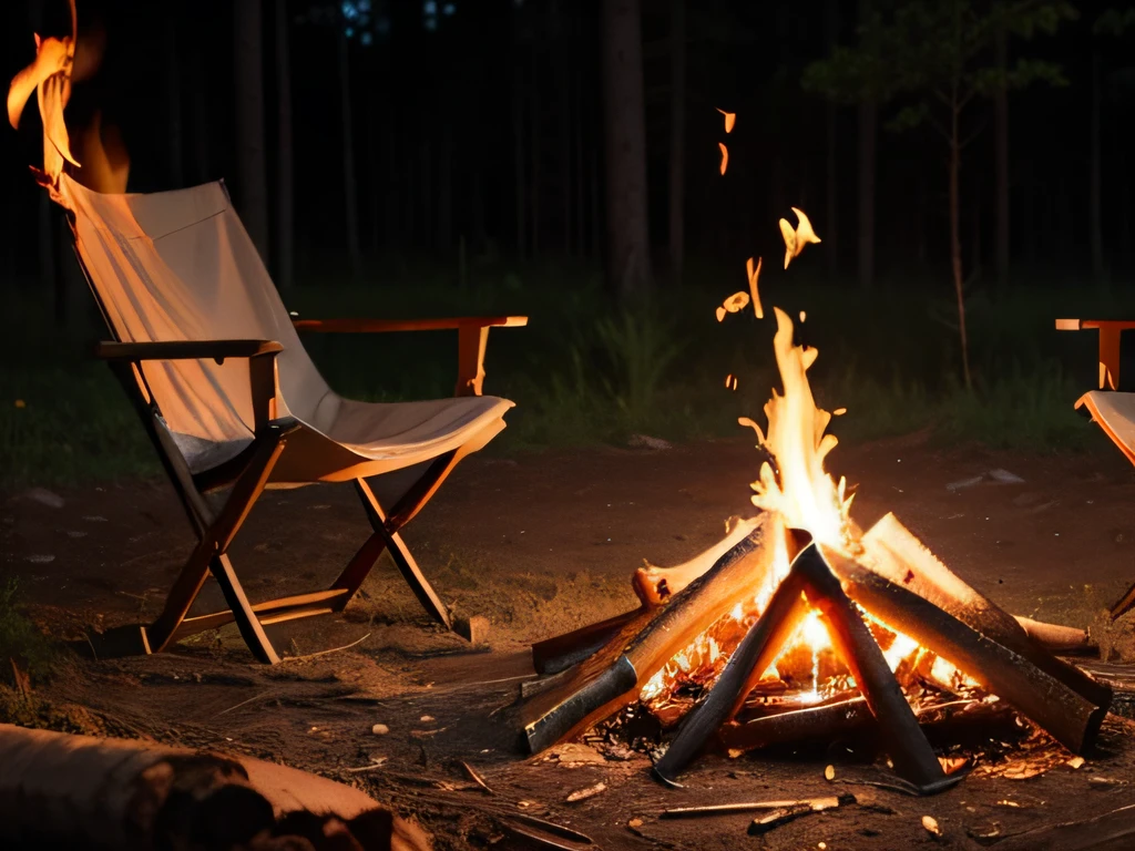 There are two chairs sitting around a campfire in the forest, fogueira no fundo, fogueira ao ar livre, on a bonfire at night, fogueira, fogueira, em uma fogueira na floresta, Fundo da fogueira, fogueiras de barril e tendas, Fogueira, aceso de fogo, outdoors at night, fogueira, noite ao ar livre, night time, banhado no brilho de uma fogueira, nao botar fogo na cadeira