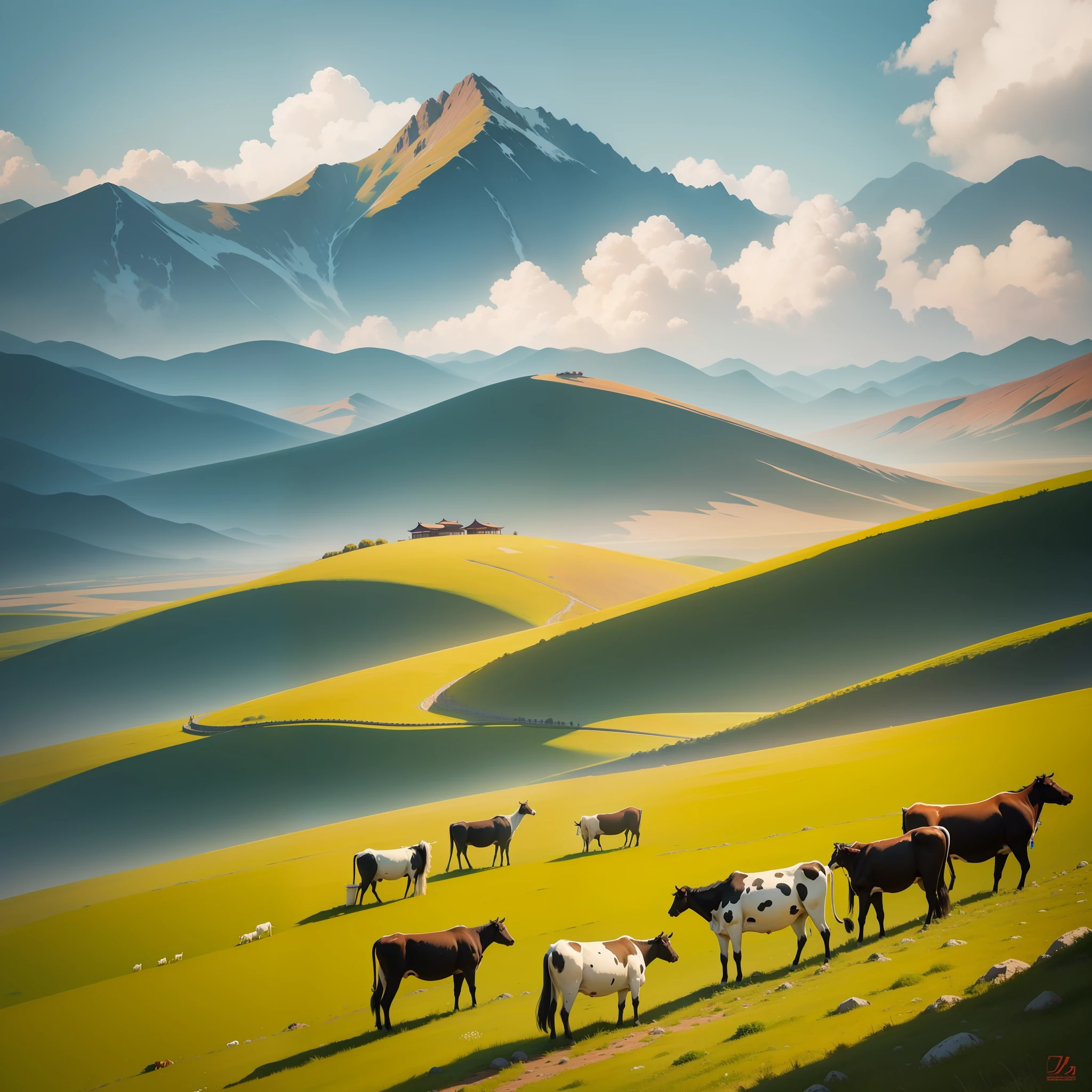 Paint a picture of the Chinese steppe，There are many cows grazing