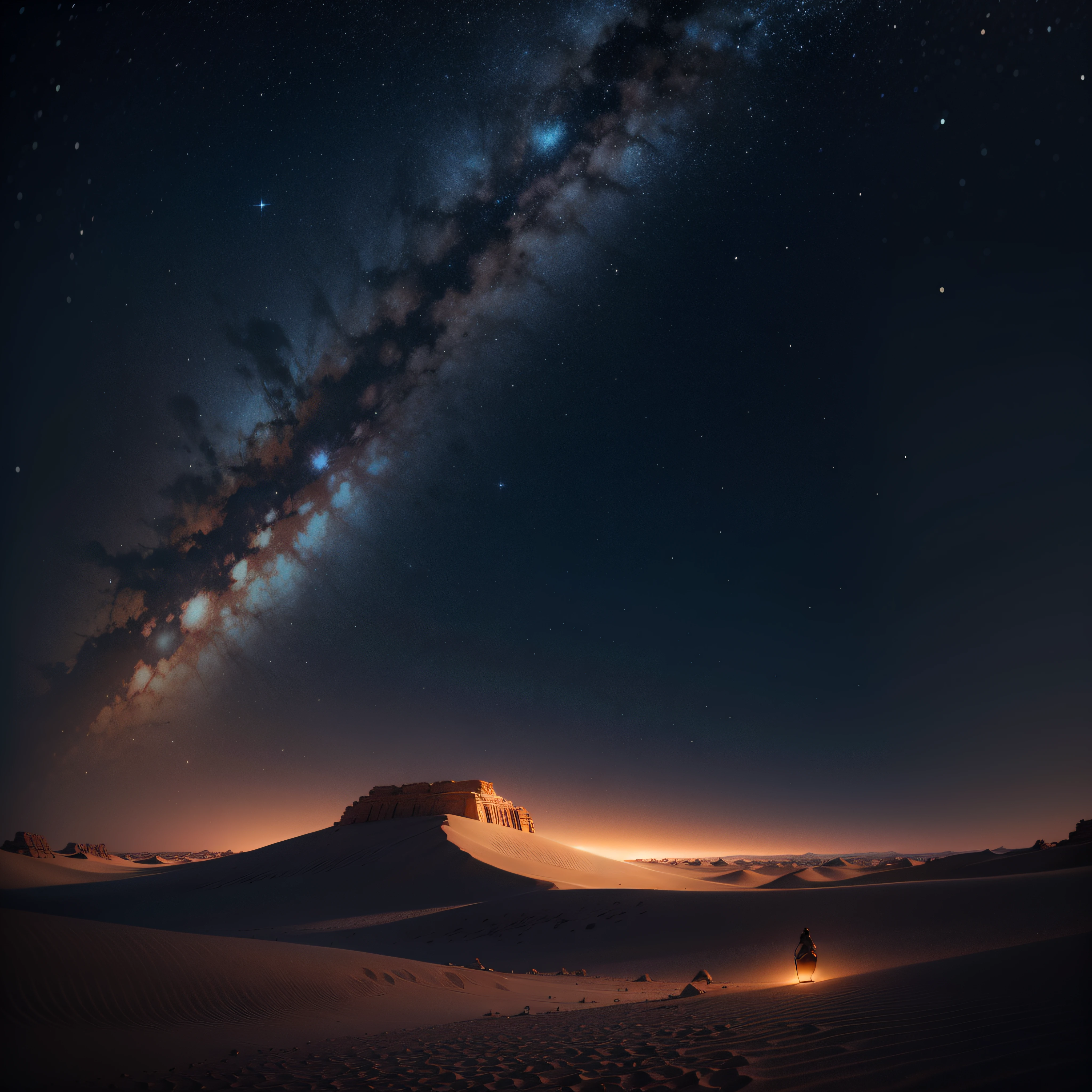 Create an illustrative image of a frigid night in the desert of Egypt, under a dark and starry sky. Destaque a lua cheia ou crescente brilhando sobre dunas de areia fria. Estrelas cintilantes criam um ambiente misterioso. Use cool colors to convey the icy, enigmatic atmosphere. The image highlights the beauty and solitude of the desert at night under the dark sky of Egypt