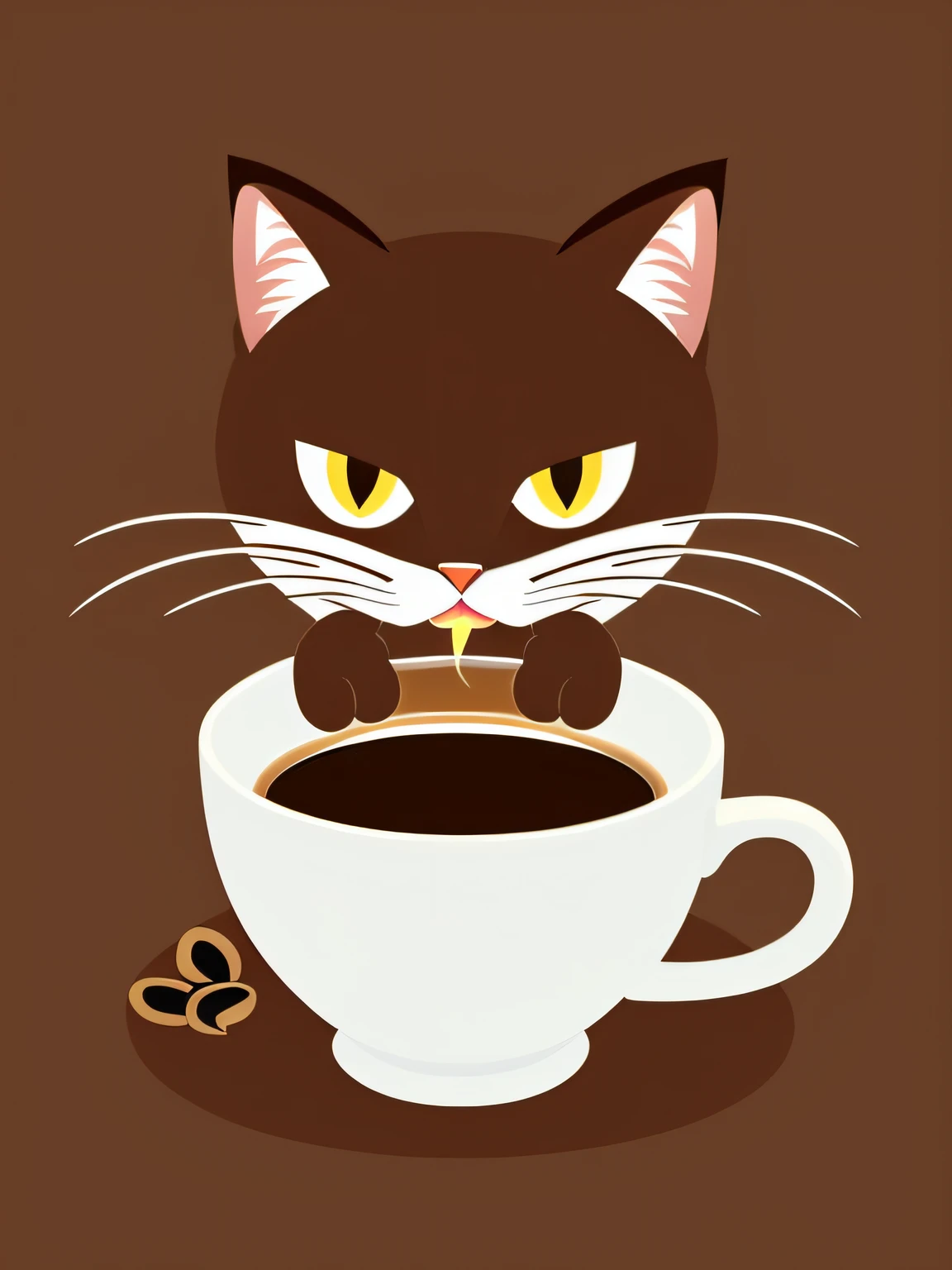 Vector-art cartoon-style of an (angry cat sipping from a cup of coffee: 1.3). Give the cat big round eyes and a smirking smile to convey its delight. The cup can have a friendly and approachable design, with decorative elements like hearts or coffee beans. Add subtle shading and highlights to give the illustration depth and dimension. Use a warm color palette to evoke the cozy feeling of enjoying a cup of coffee