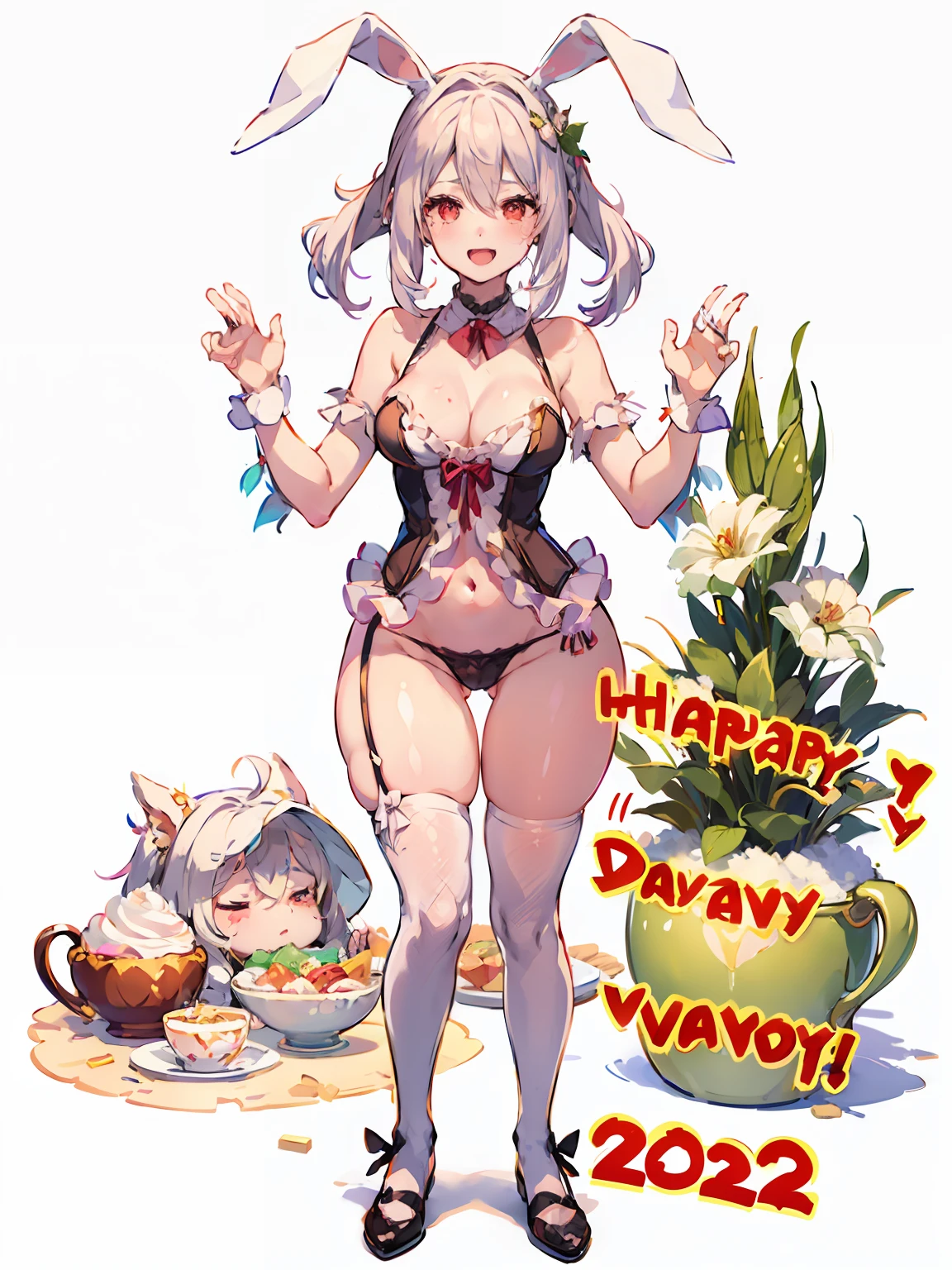 There are women in bunny ears and bunny costumes, v from devil may cry as an elf, a sexy maid in a magical forest, small curvy , very very happy!, very very happy, Epic 3D Yemaya, render of april, Very happy, iray, from overwatch, Very sunny, Heavy vignette!, Happy!!!, Beautiful fece
