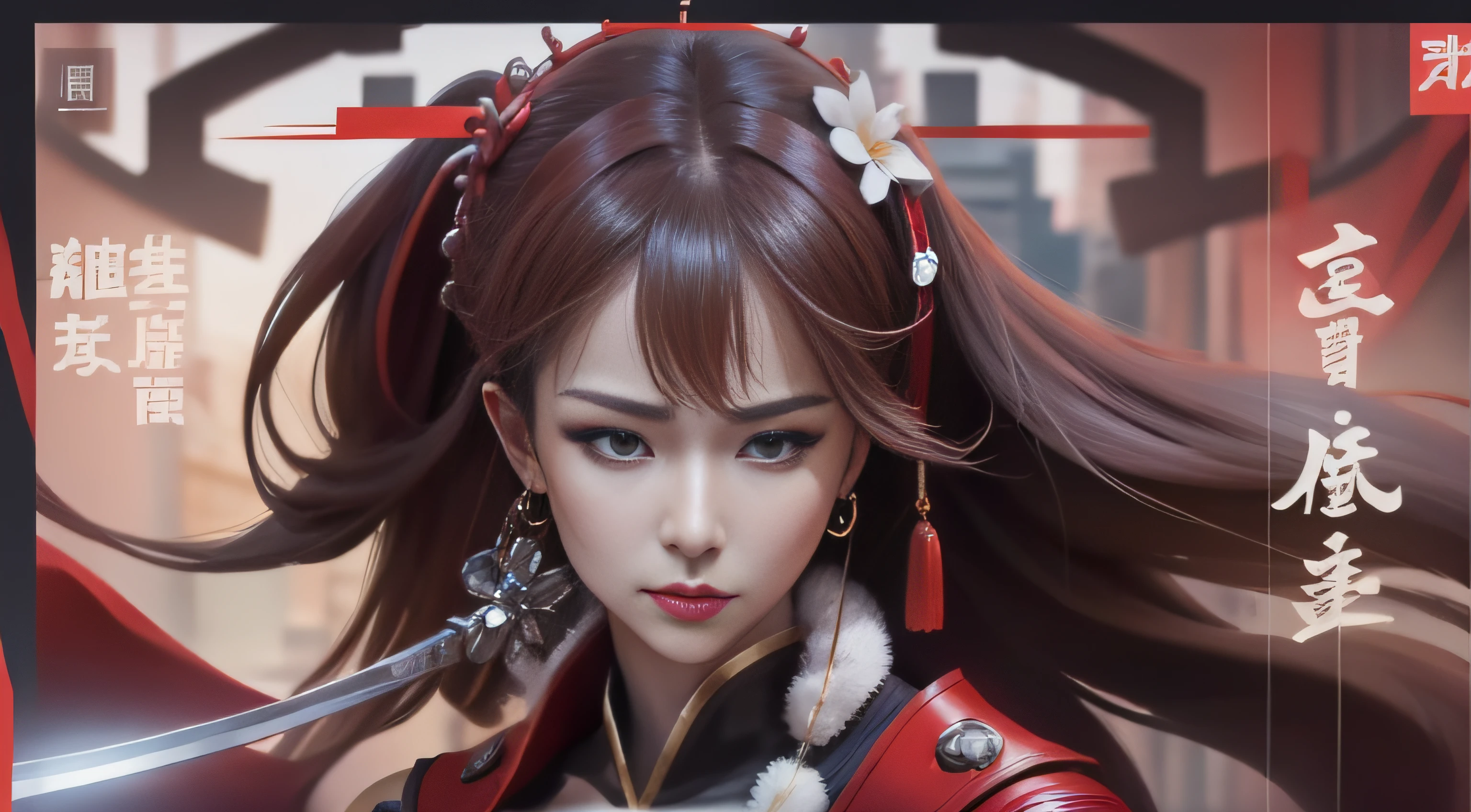 Highest image quality，Outstanding details，超高分辨率，（Fidelity：1.4）, Favor the details, He has a delicate and beautiful face, Close-up of a woman standing on a platform with a sword, A scene from the《Honkai 3rd 》videogame, 《Honkai 3rd 》styled, 《Honkai 3rd 》The role setting of Thunder's lawyer, Red Japanese oni armor, Tachi, Virtual Engine 5，Perfect detail rendering，rendering by octane，hyper HD