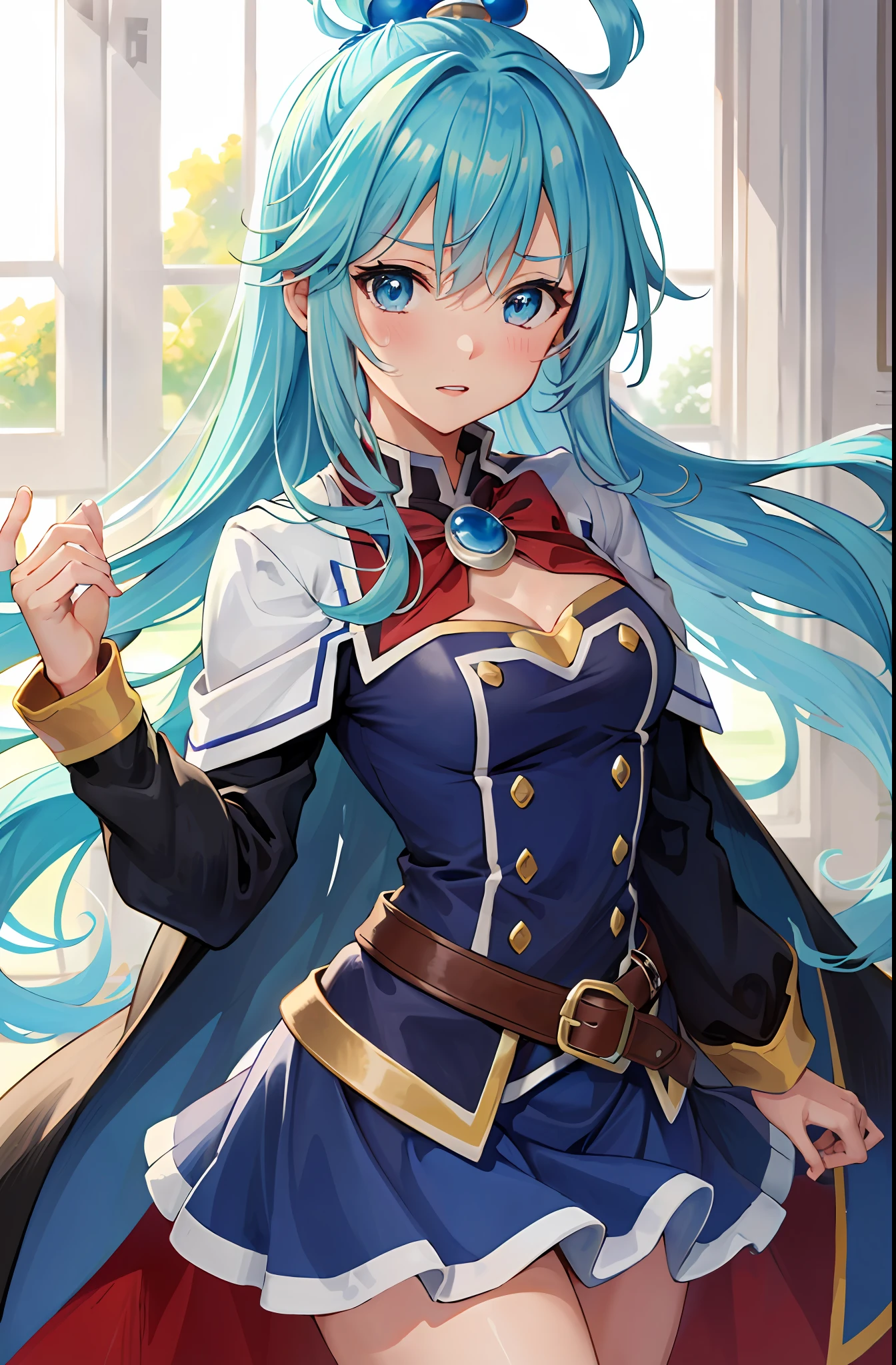 Aqua (do anime konosuba  vintindo a Fantasia de Supergirl:1.1 ), cabelo azul claro, cabelo longo, olhos azuis, sorrir, standingn, dinamic pose, 8k, obra-prima, melhor qualidade, absurdos, antomia perfeita, cinematic lighthing, Tiroteio de Cowboy,