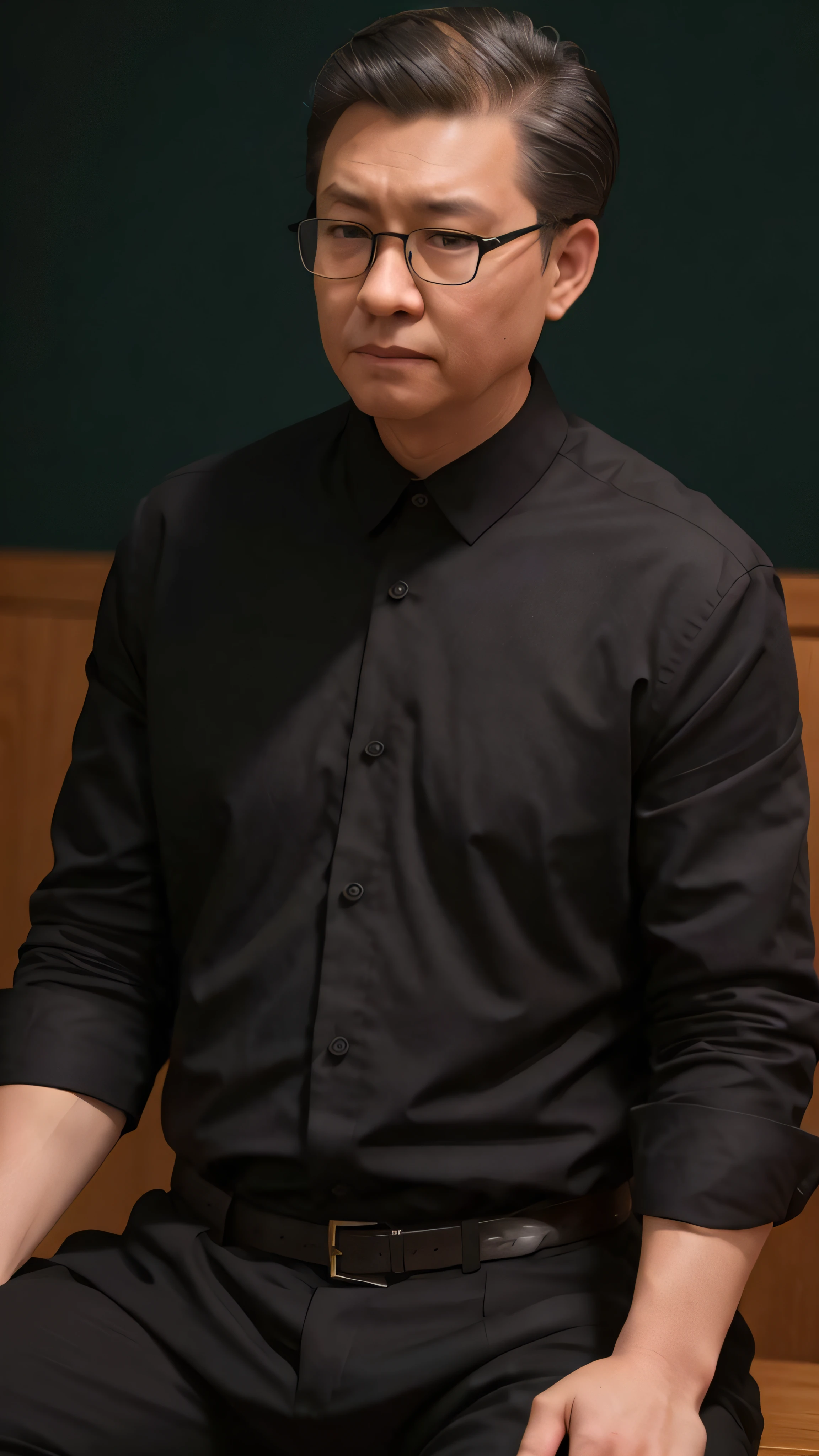 Man in black shirt and black pants,(In the dimly lit study:1.5),Sit frontally,Wear glasses,Look straight ahead,Focused eyes, Photo portrait, 8K,high qulity,No deformities,Realistic Chinese style
